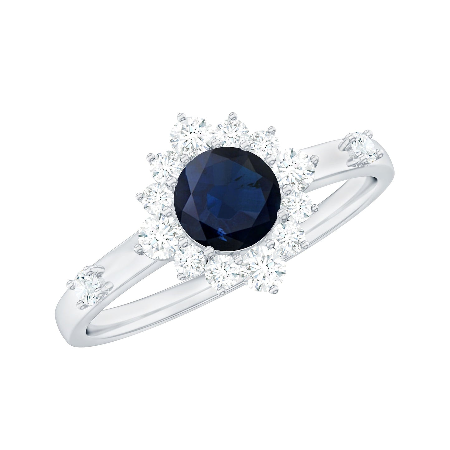 Round Blue Sapphire Classic Halo Engagement Ring with Diamond