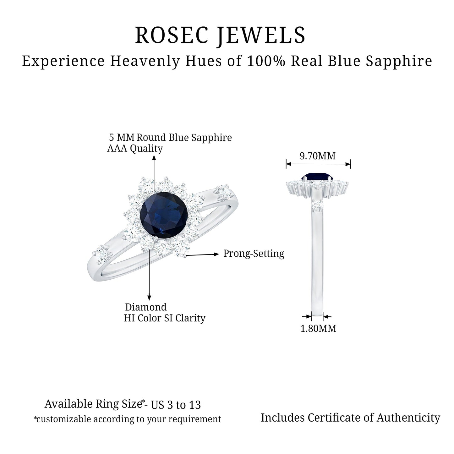 Round Blue Sapphire Classic Halo Engagement Ring with Diamond
