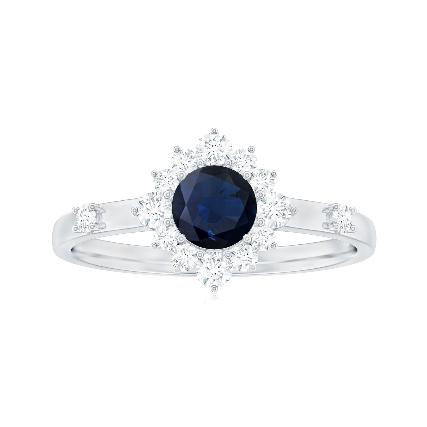 Round Blue Sapphire Classic Halo Engagement Ring with Diamond
