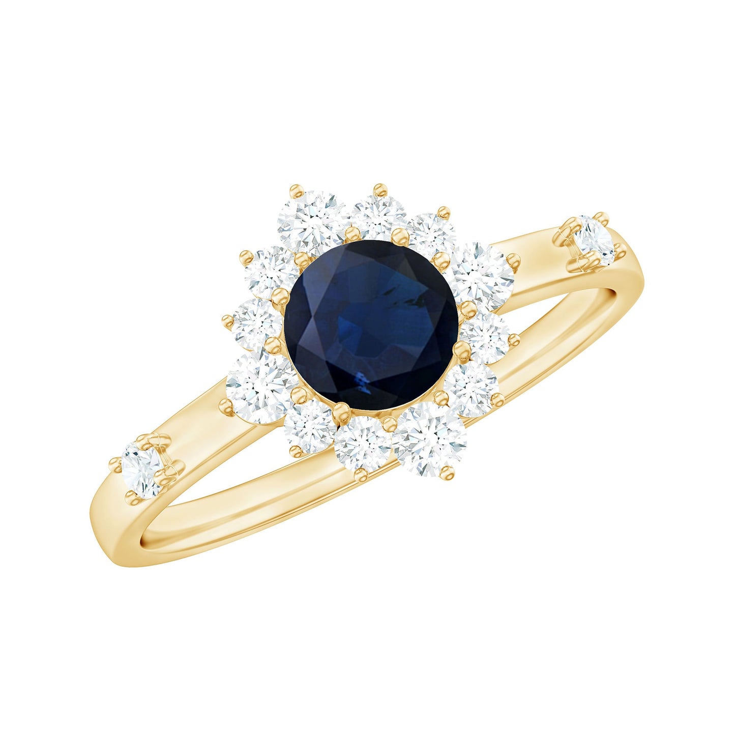 Round Blue Sapphire Classic Halo Engagement Ring with Diamond