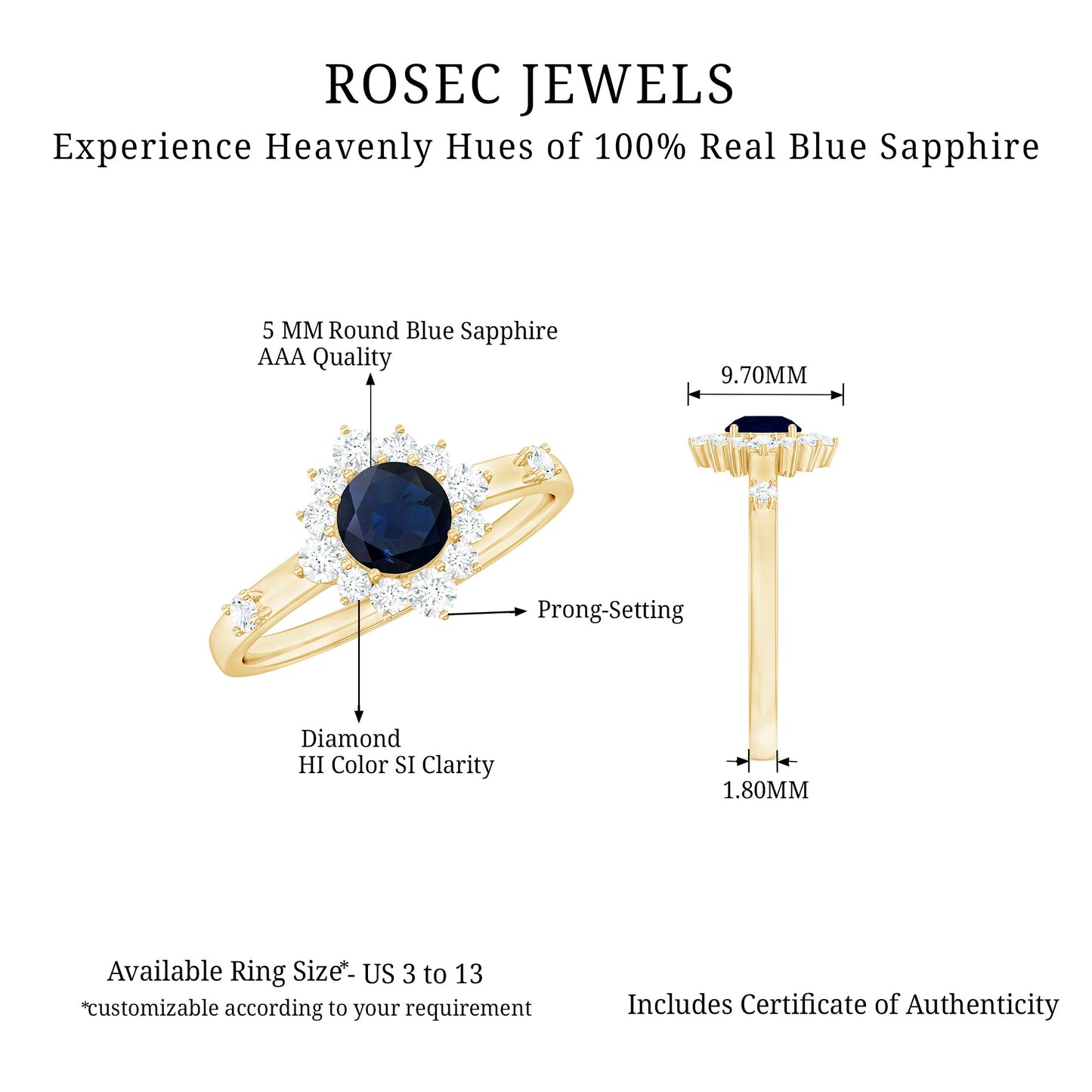 Round Blue Sapphire Classic Halo Engagement Ring with Diamond