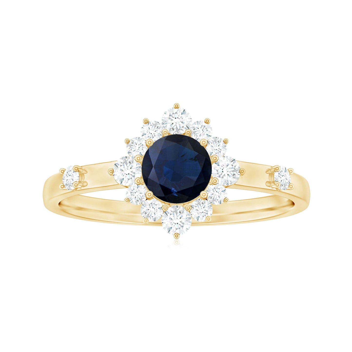 Round Blue Sapphire Classic Halo Engagement Ring with Diamond