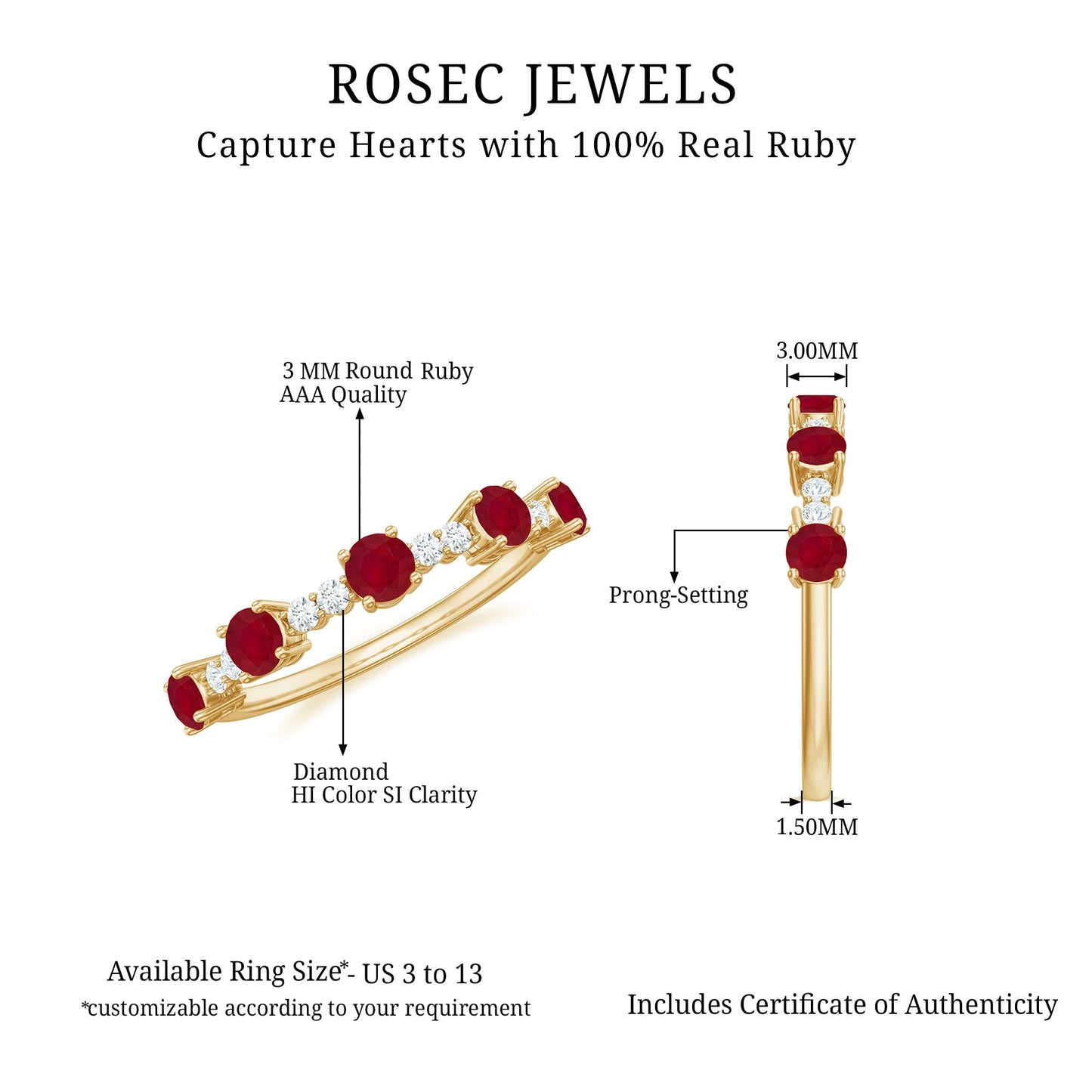 Real Ruby Diamond Half Eternity Ring for Anniversary