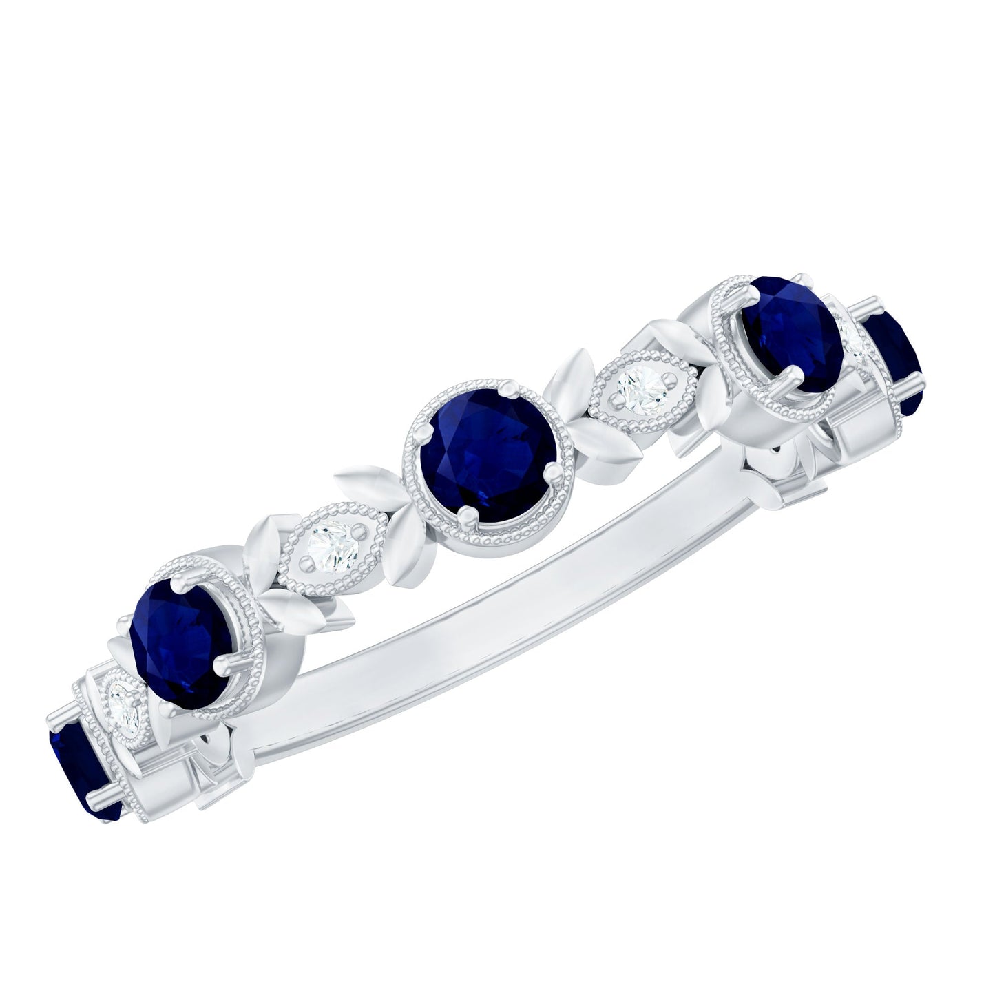 1 CT Floral Inspired Blue Sapphire and Diamond Half Eternity Ring