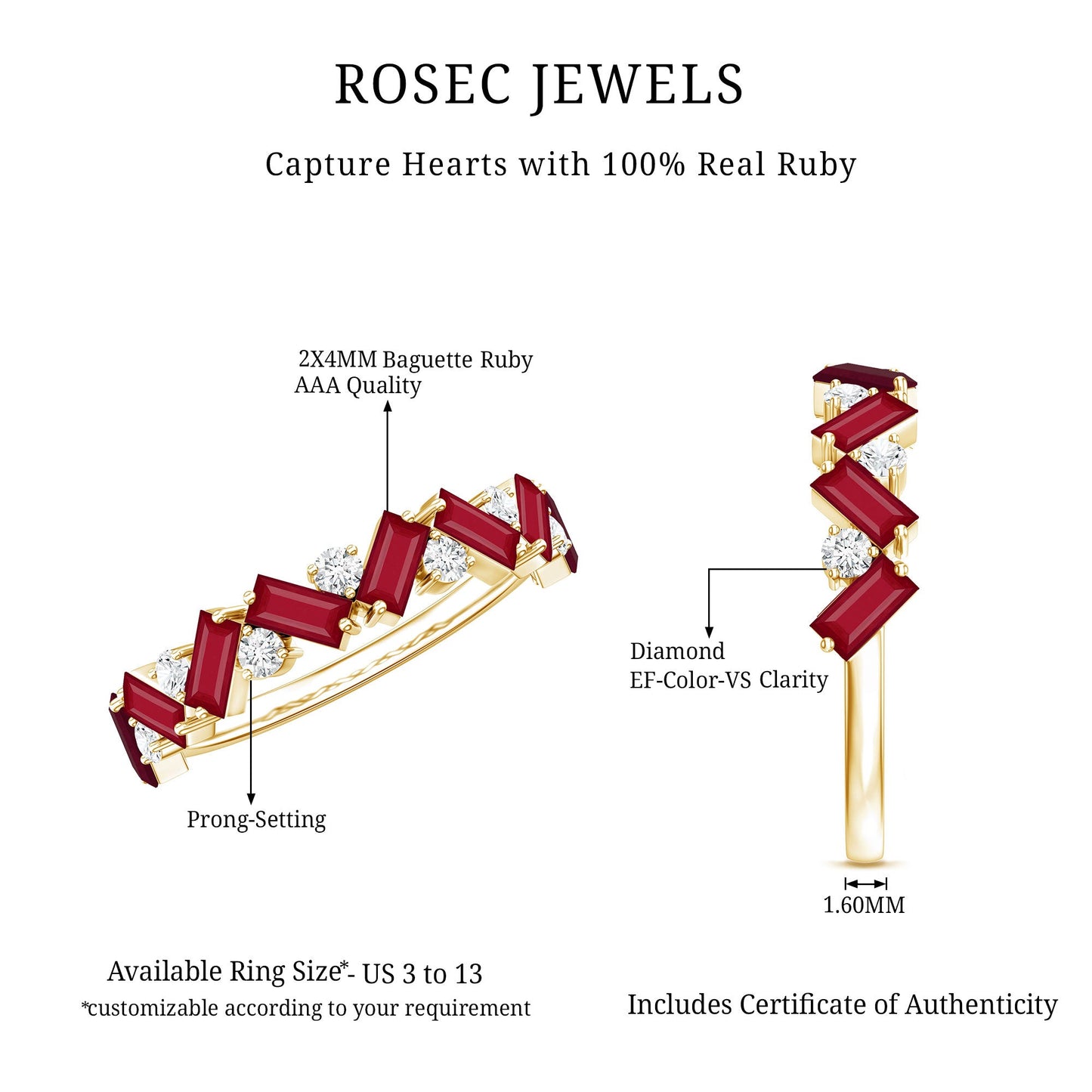 Certified Real Ruby Half Eternity Ring with Moissanite