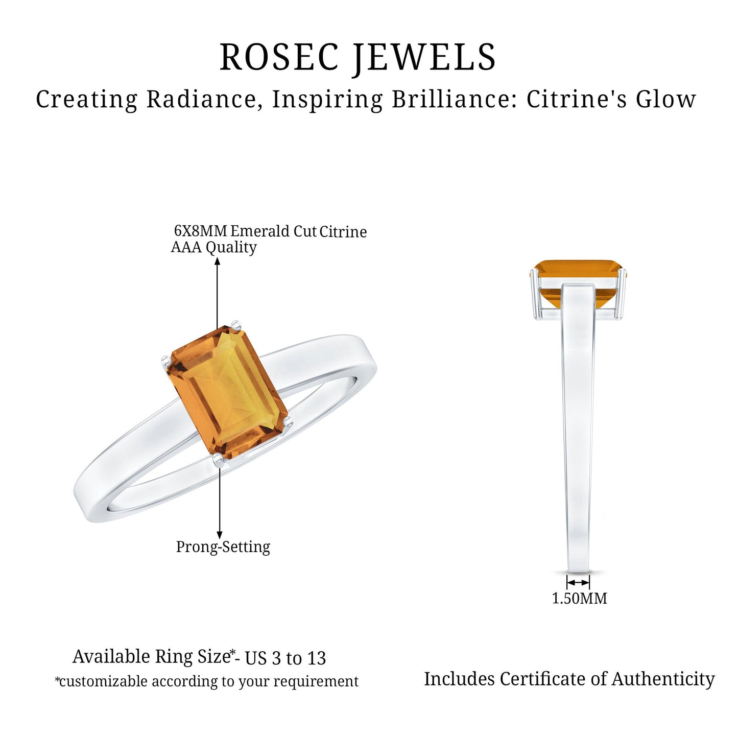 Natural 6X8mm Citrine Solitaire Emerald Cut Engagement Ring
