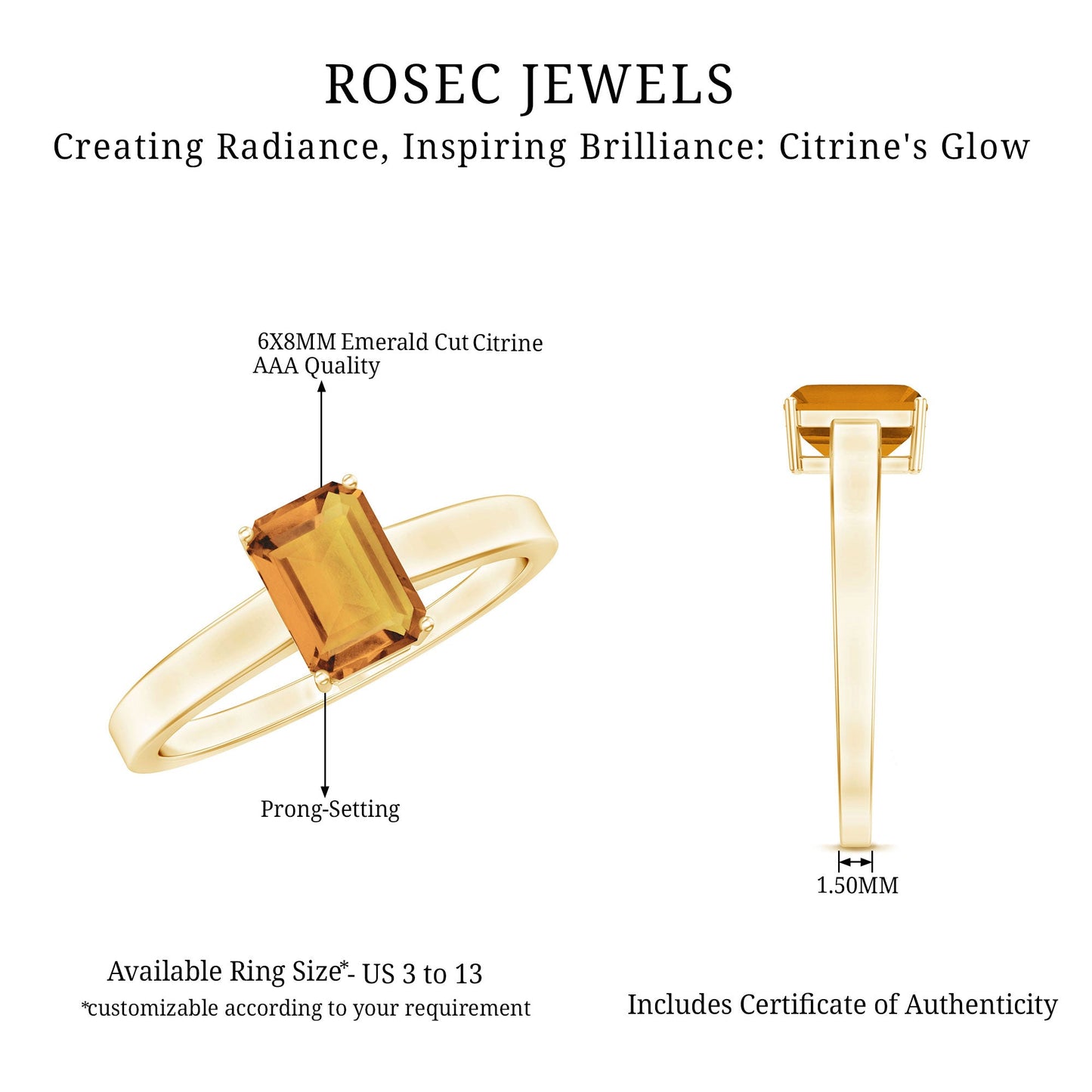 Natural 6X8mm Citrine Solitaire Emerald Cut Engagement Ring