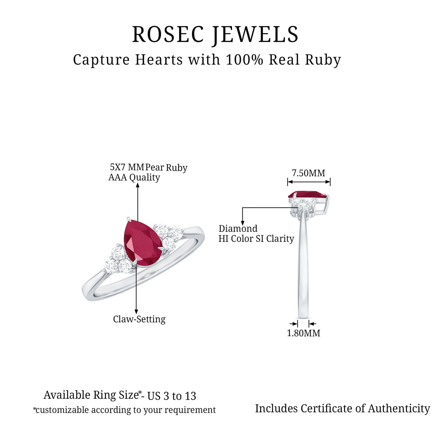 Natural 0.8 Carat Ruby Pear Shaped Engagement Ring with Diamond