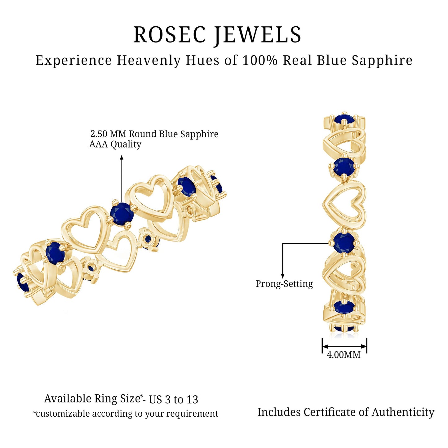 1 Carat Blue Sapphire Open Heart Wedding Band Ring
