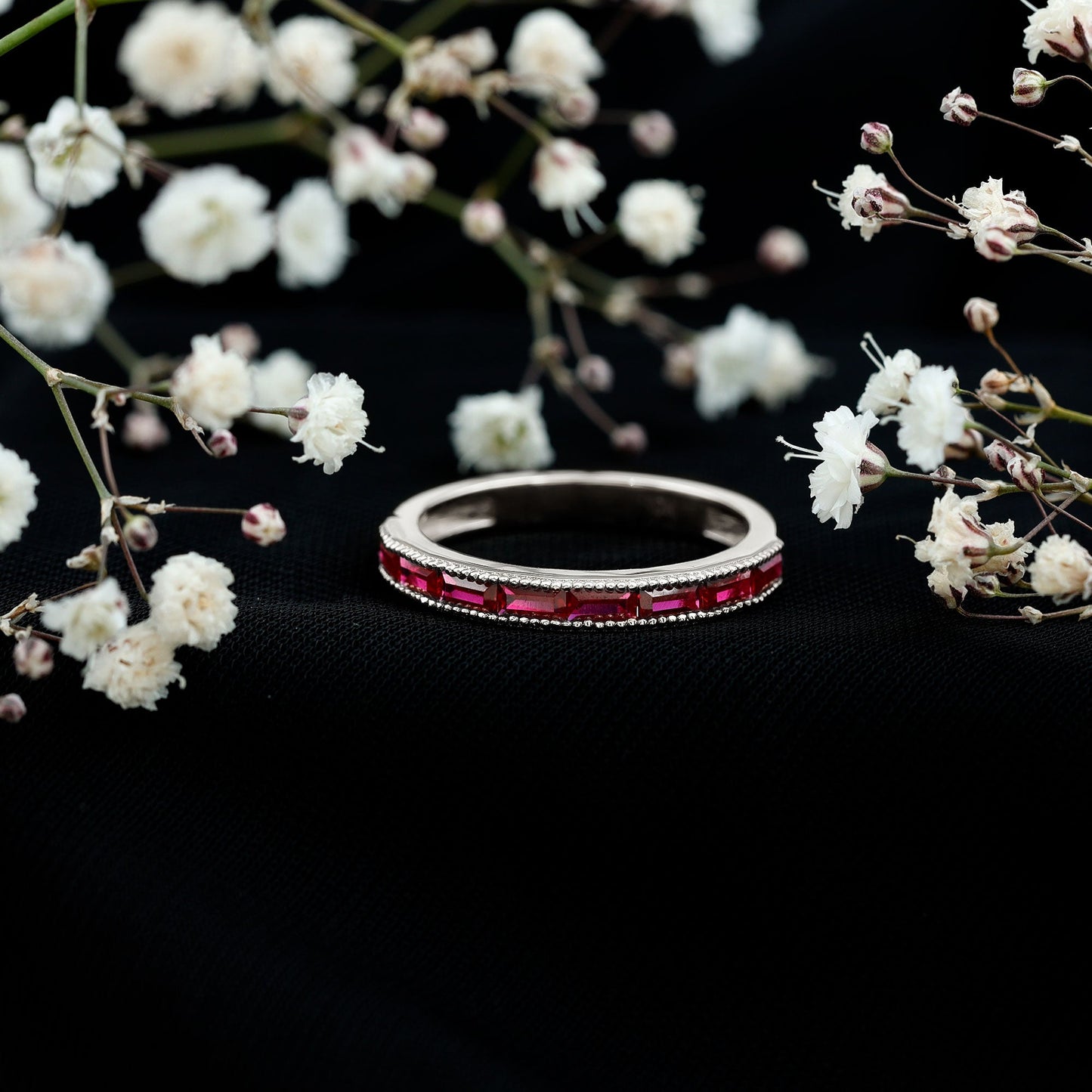 Baguette Cut Lab Grown Ruby Milgrain Band Ring