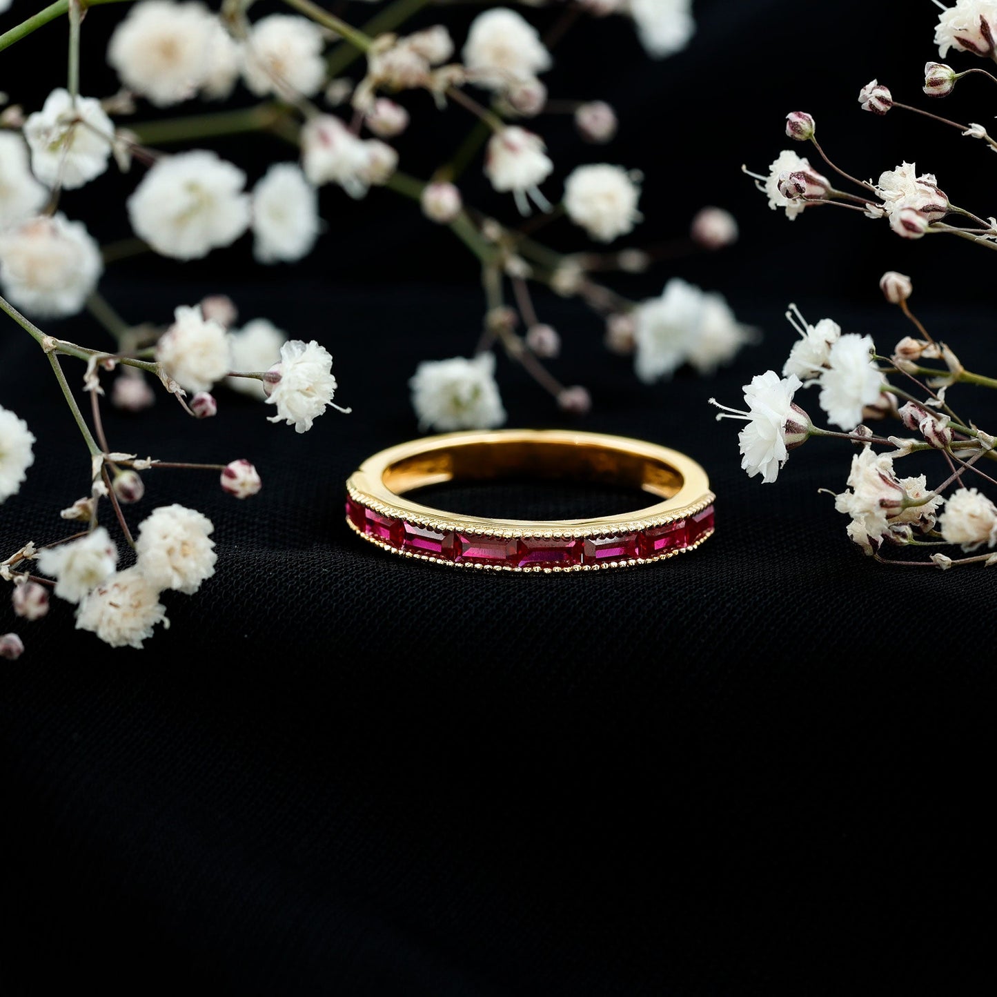 Baguette Cut Lab Grown Ruby Milgrain Band Ring