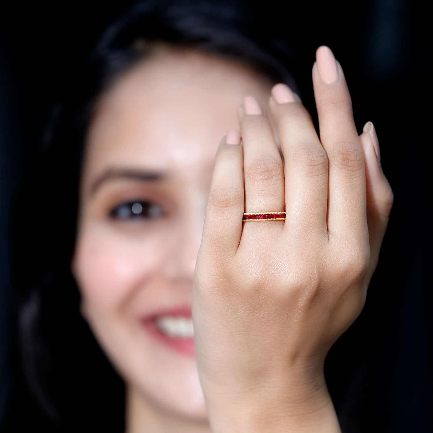 Baguette Cut Lab Grown Ruby Milgrain Band Ring