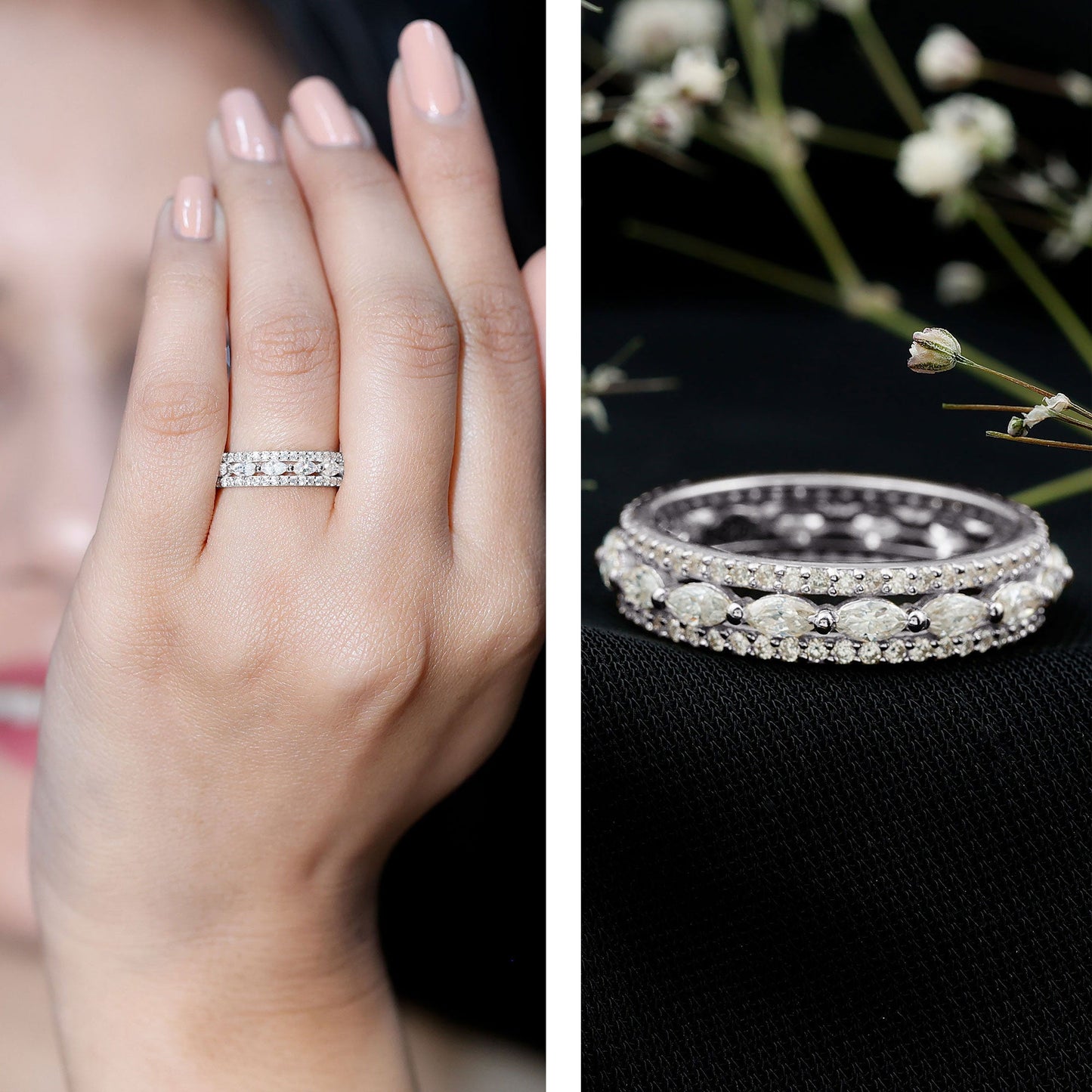 Marquise and Round Shape Moissanite Designer Wedding Band Ring