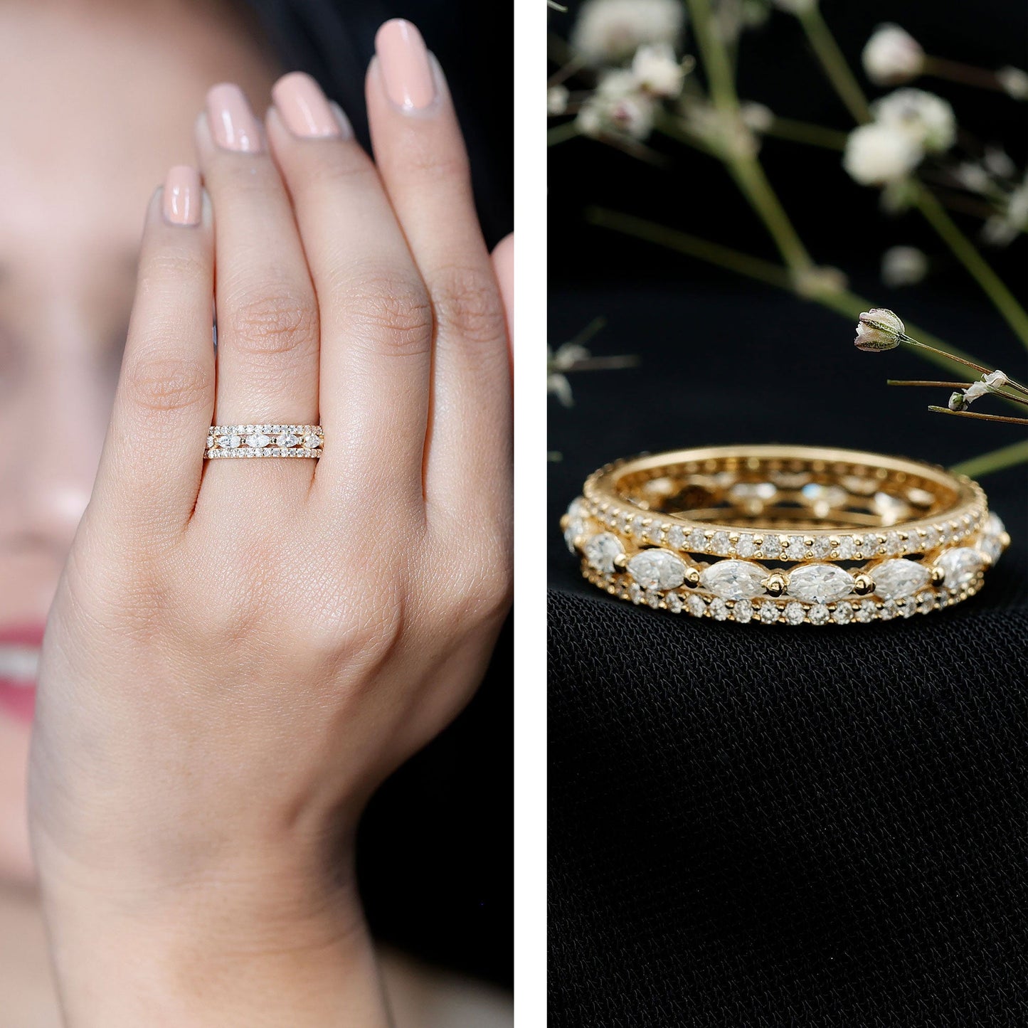 Marquise and Round Shape Moissanite Designer Wedding Band Ring