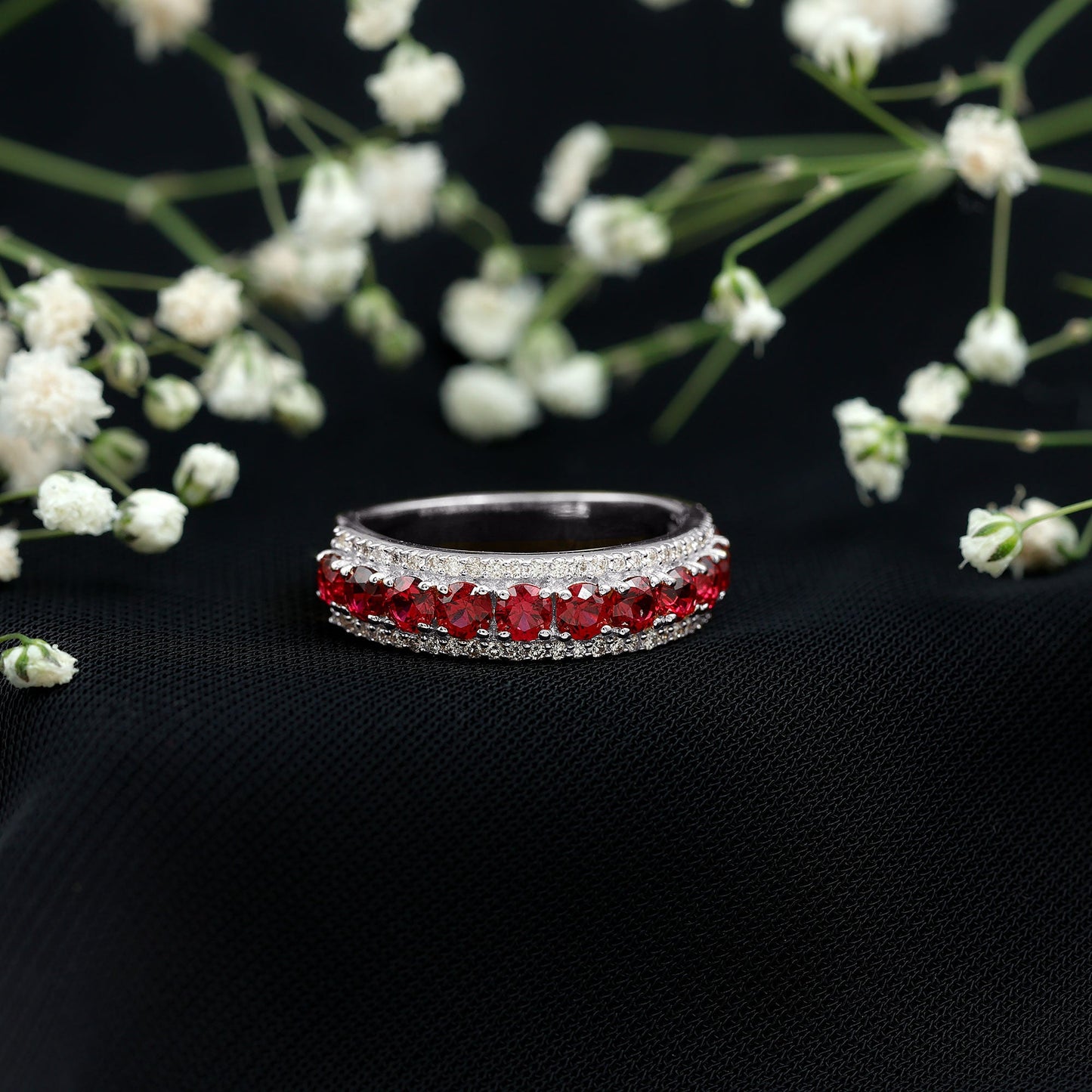 1.75 CT Created Ruby Anniversary Ring with Diamond Accent