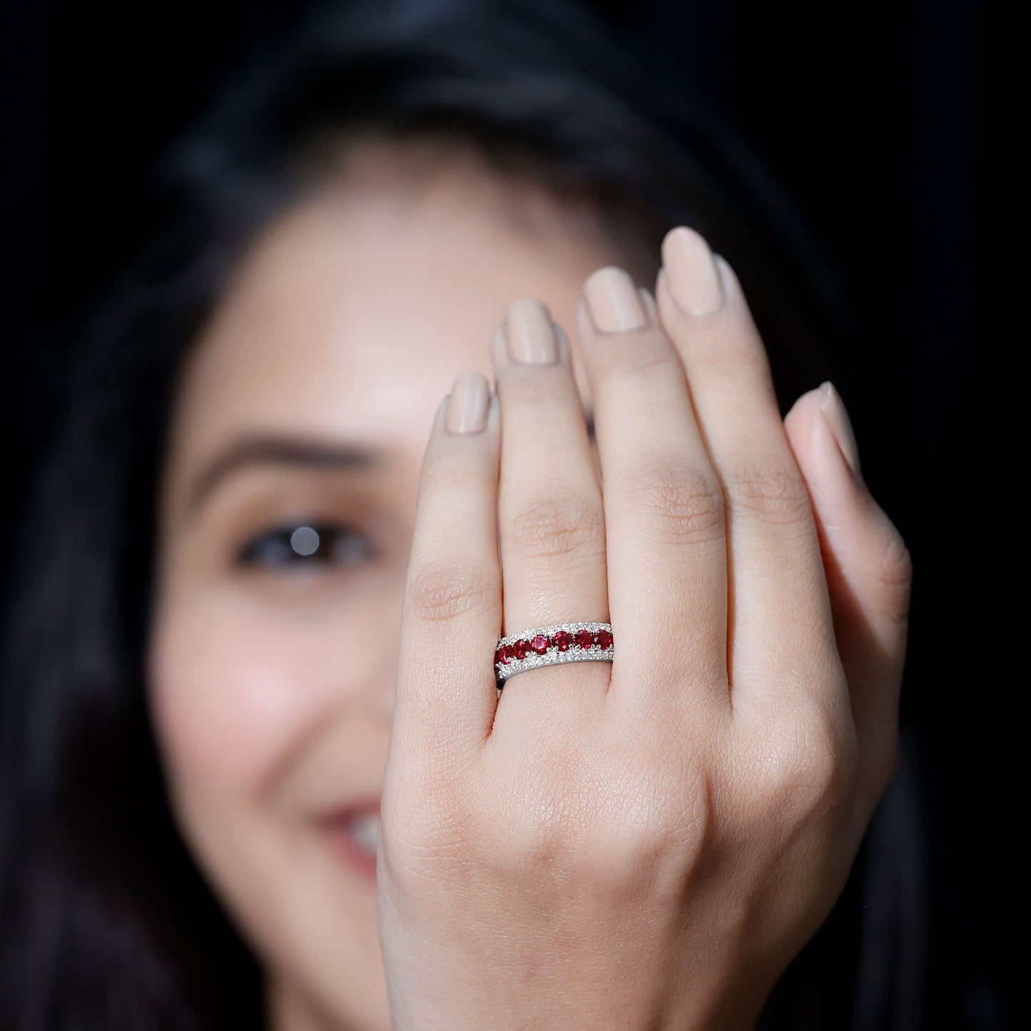 1.75 CT Created Ruby Anniversary Ring with Diamond Accent