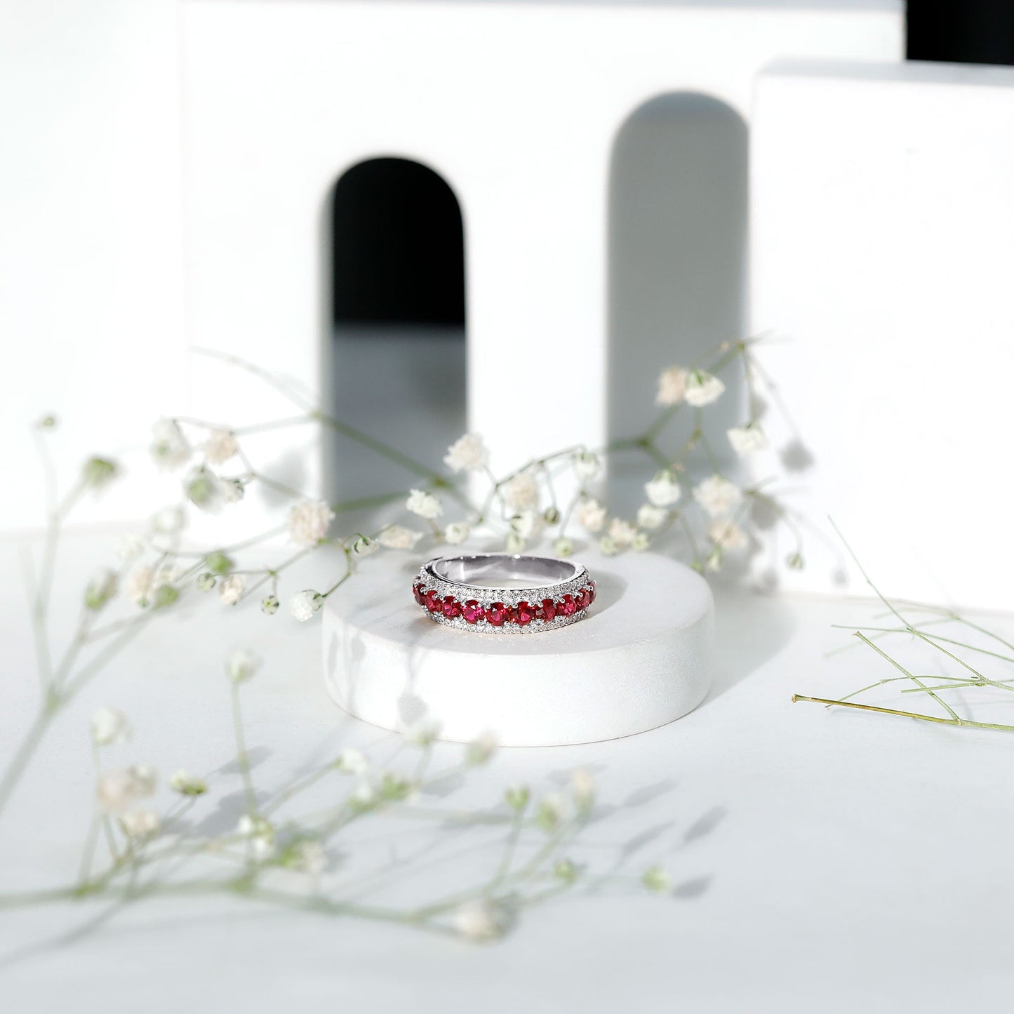 1.75 CT Created Ruby Anniversary Ring with Diamond Accent