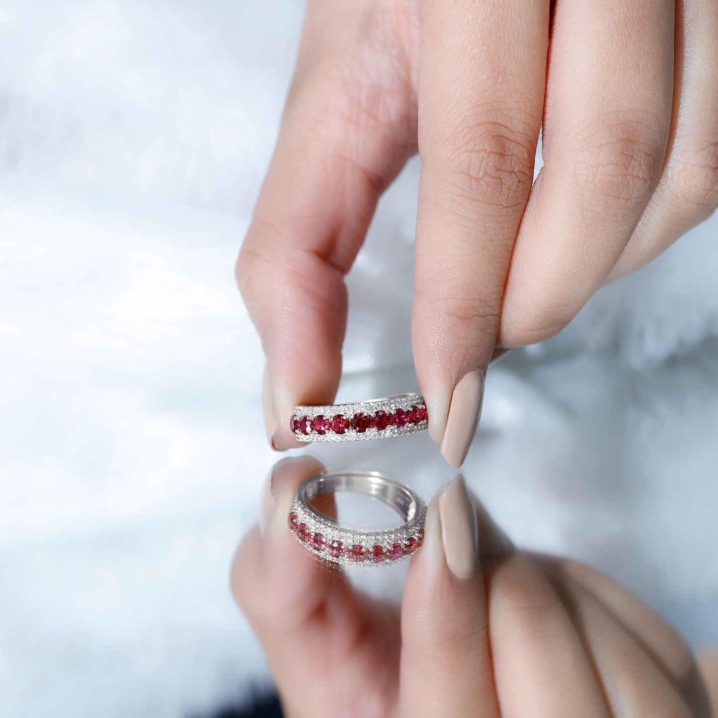 1.75 CT Created Ruby Anniversary Ring with Diamond Accent