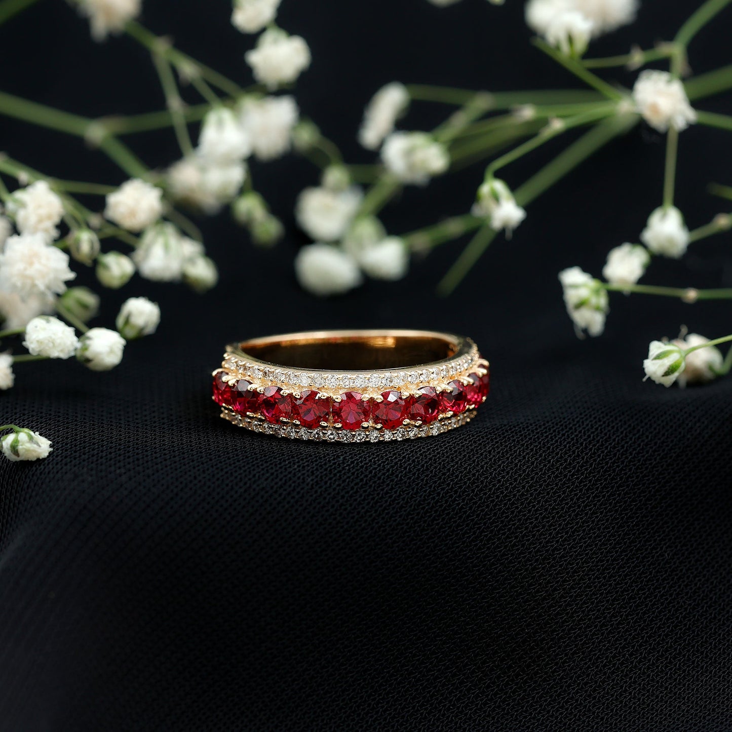 1.75 CT Created Ruby Anniversary Ring with Diamond Accent