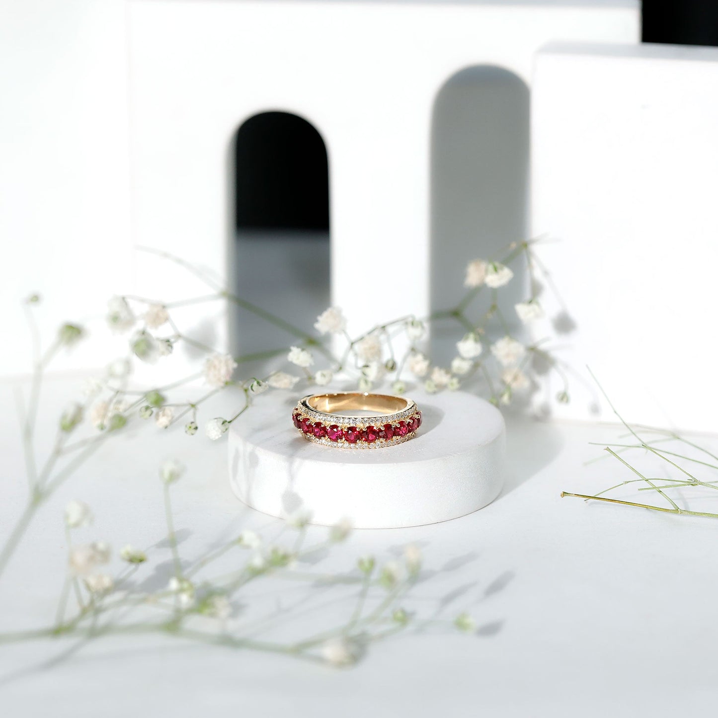 1.75 CT Created Ruby Anniversary Ring with Diamond Accent