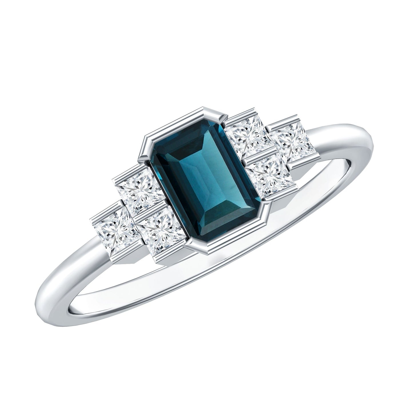 4X6mm Emerald Cut London Blue Topaz Statement Ring with Diamond