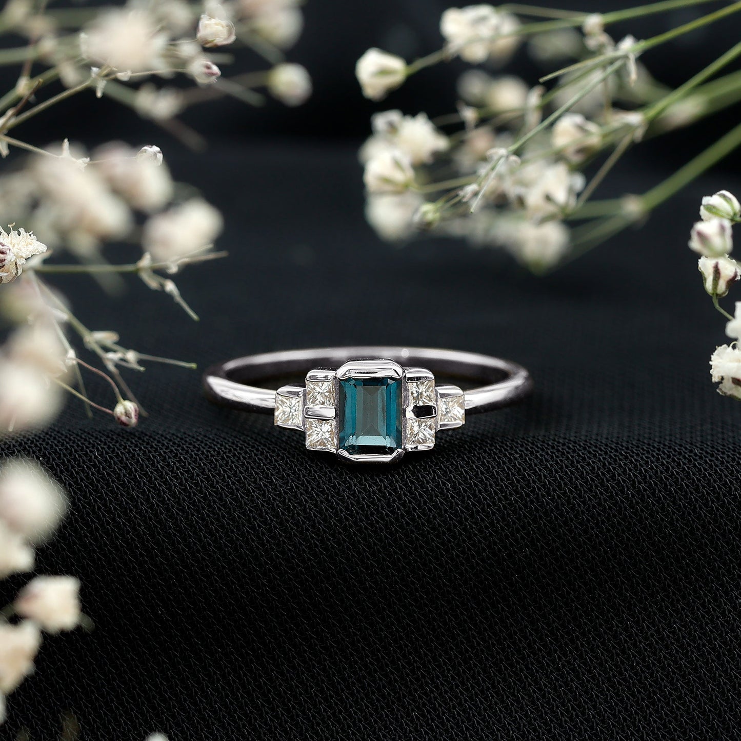 4X6mm Emerald Cut London Blue Topaz Statement Ring with Diamond