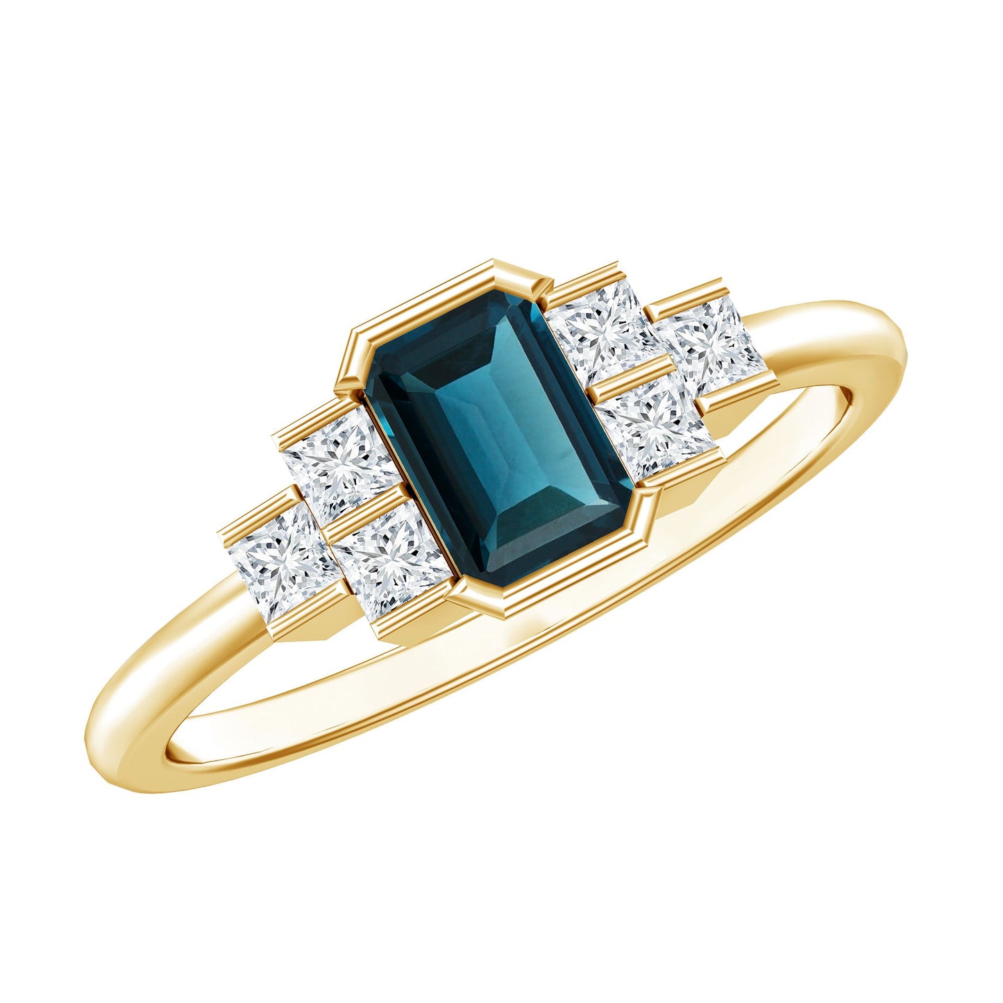 4X6mm Emerald Cut London Blue Topaz Statement Ring with Diamond