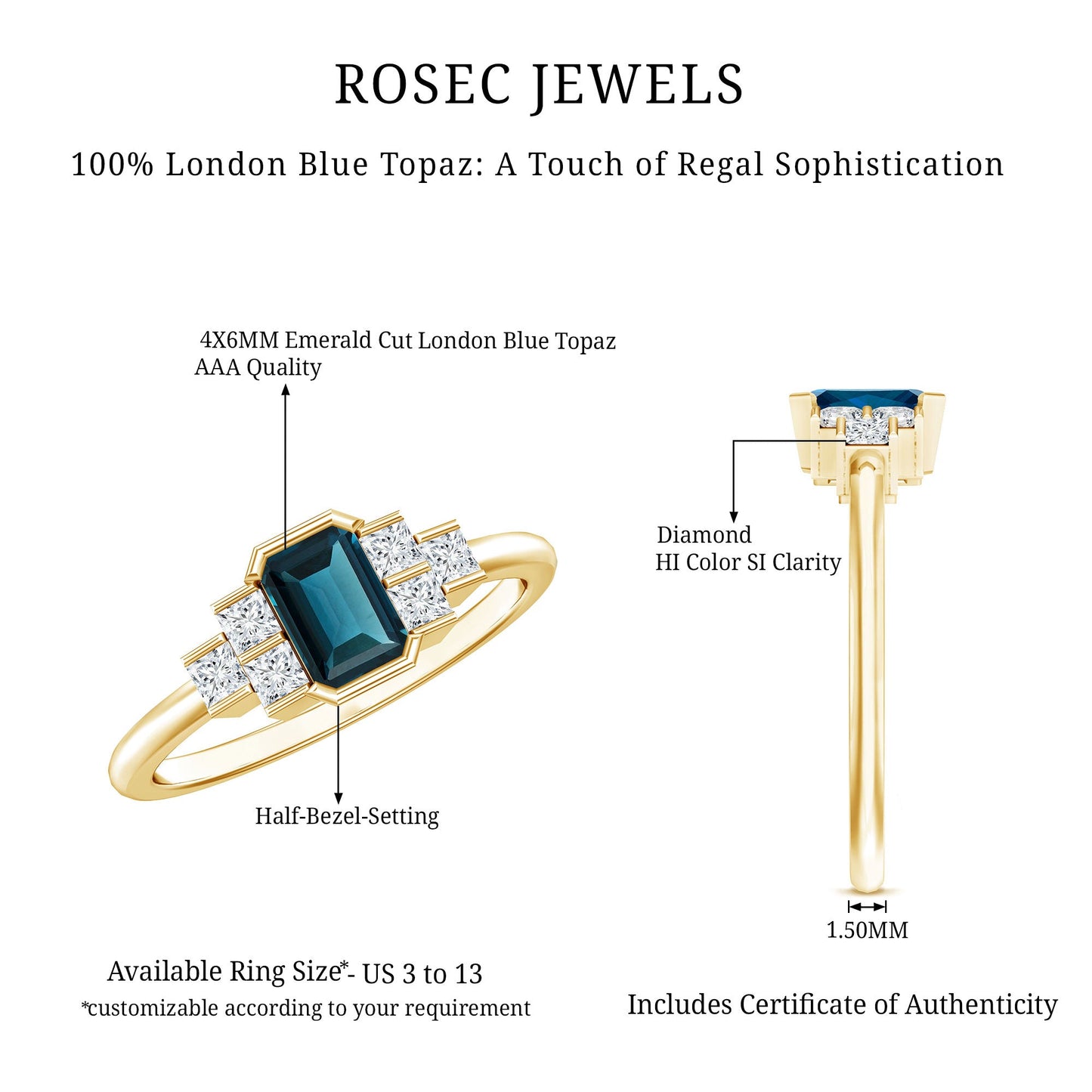 4X6mm Emerald Cut London Blue Topaz Statement Ring with Diamond