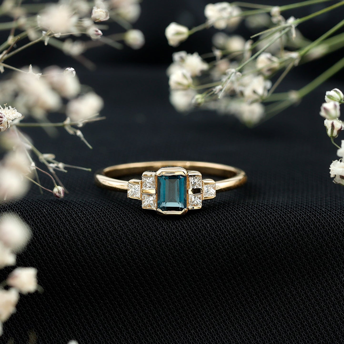 4X6mm Emerald Cut London Blue Topaz Statement Ring with Diamond