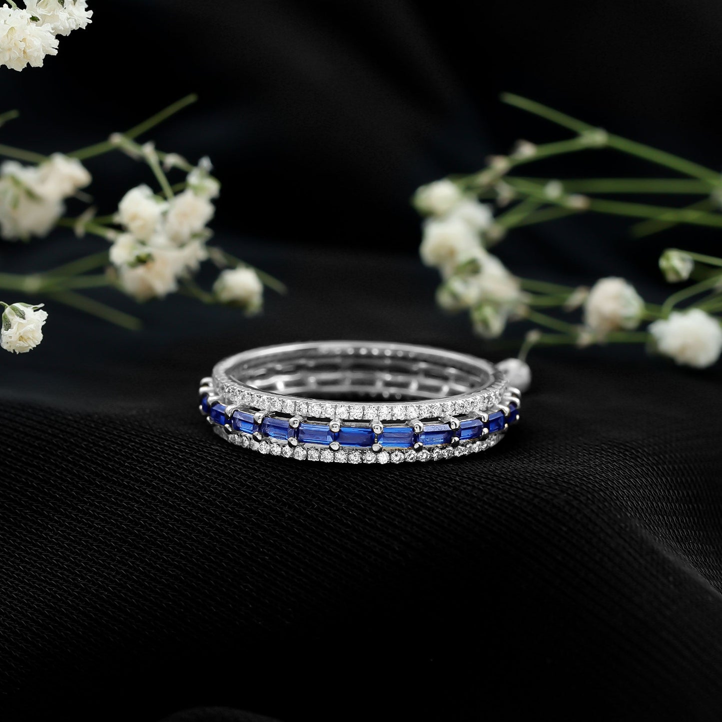 Lab Grown Blue Sapphire Eternity Wedding Band With Natural Diamond