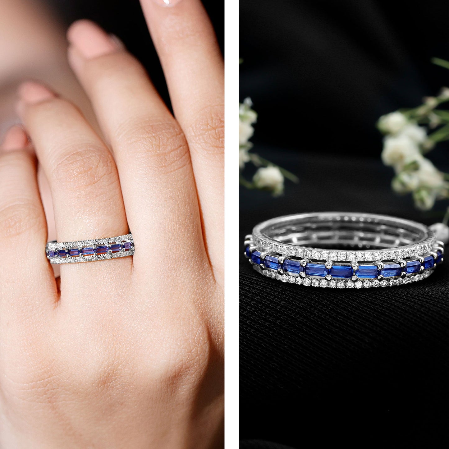 Lab Grown Blue Sapphire Eternity Wedding Band With Natural Diamond