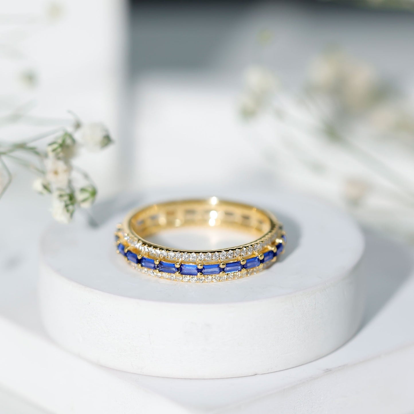 Lab Grown Blue Sapphire Eternity Wedding Band With Natural Diamond