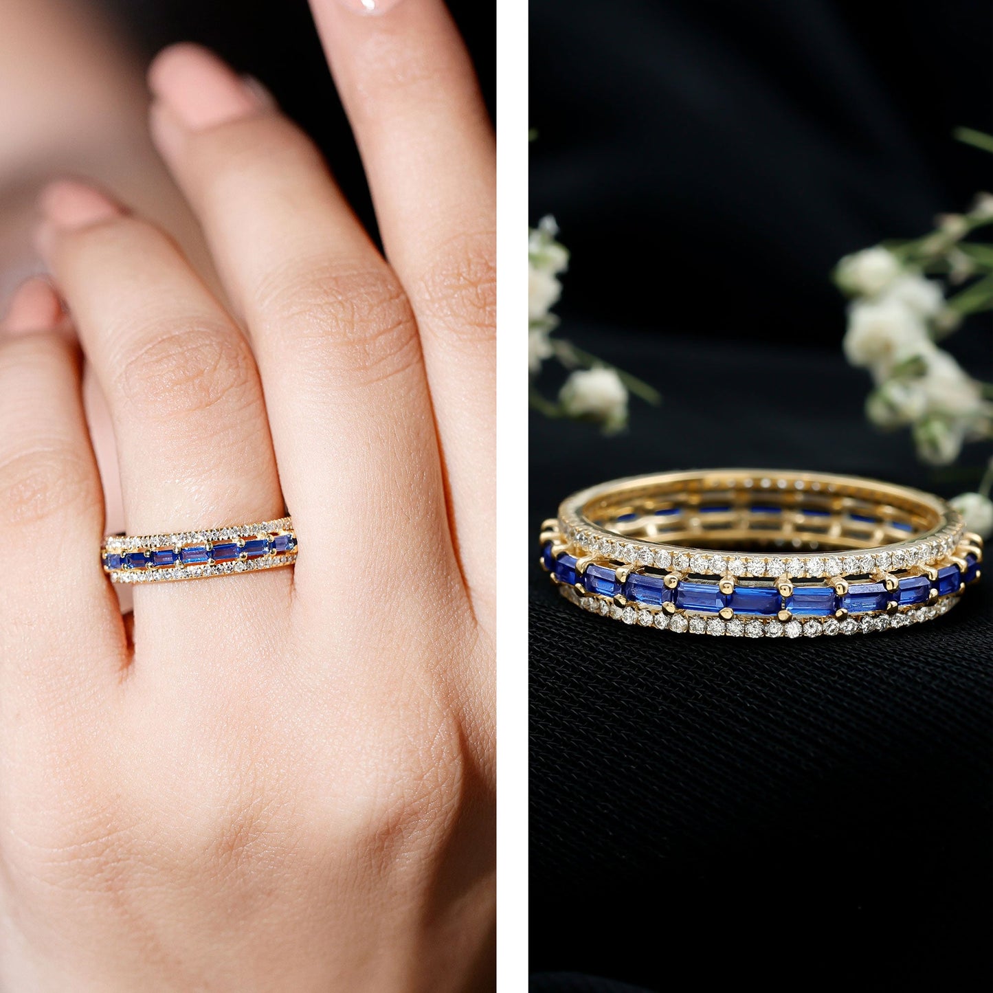 Lab Grown Blue Sapphire Eternity Wedding Band With Natural Diamond