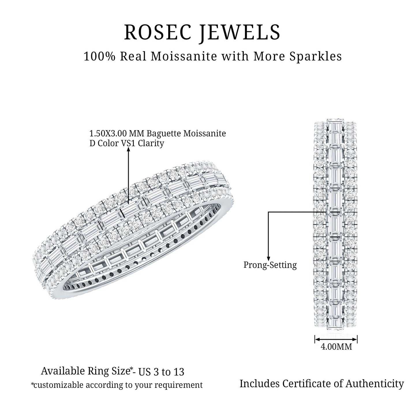Certified Moissanite 3 Row Eternity Band For Women