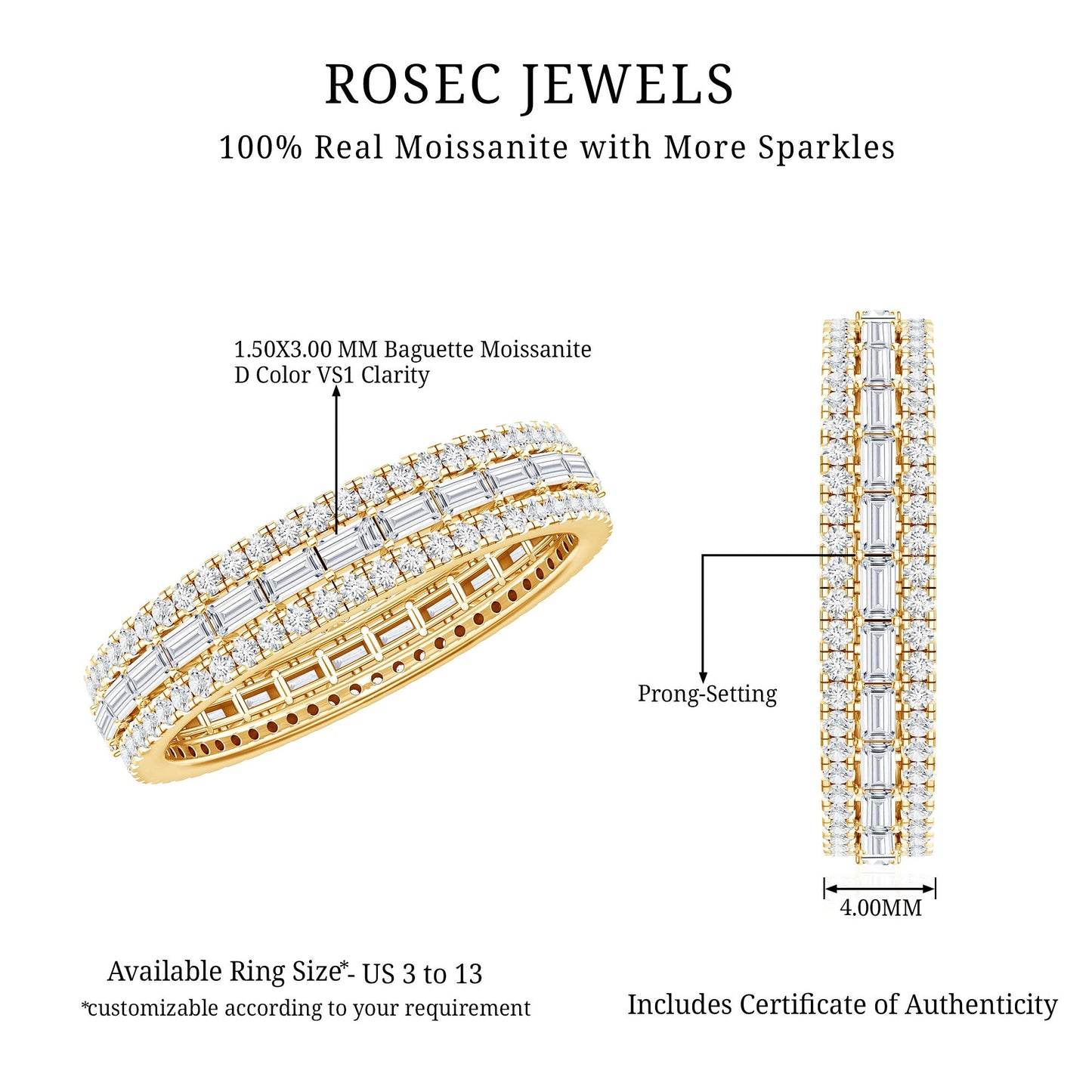 Certified Moissanite 3 Row Eternity Band For Women