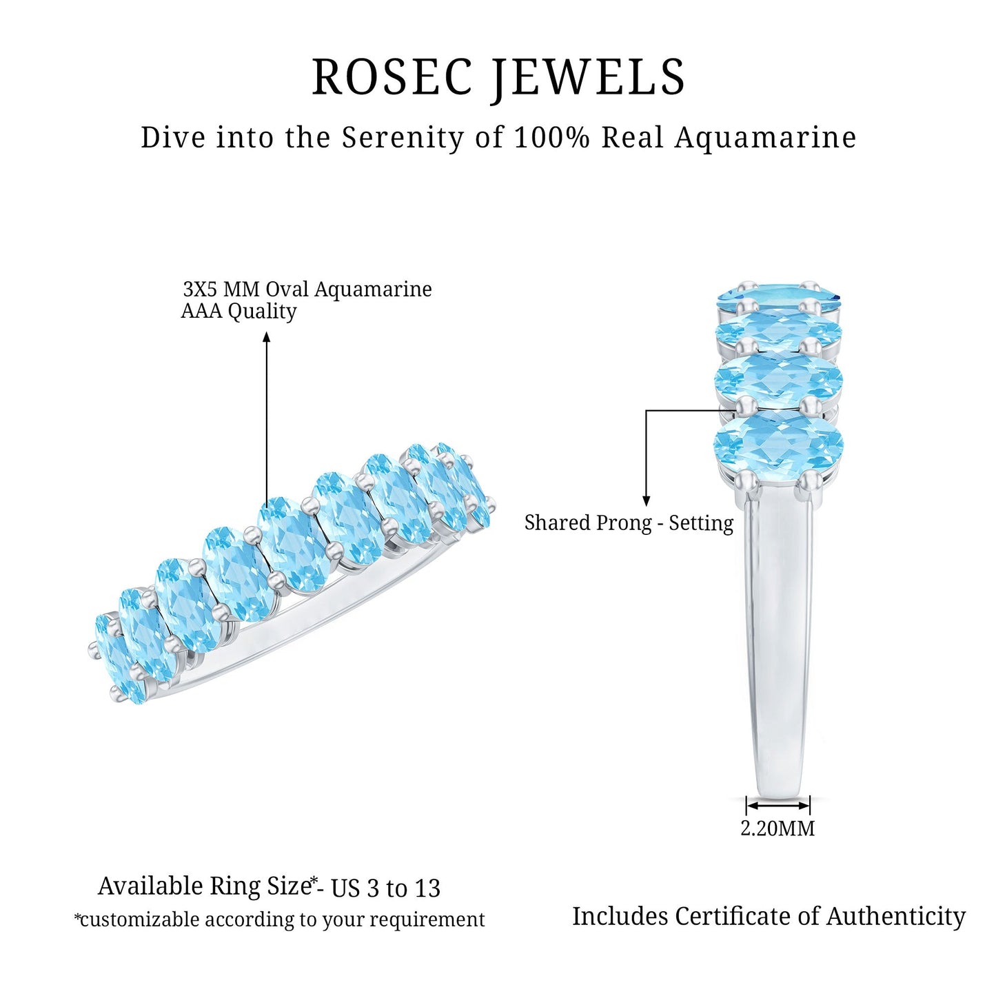 Genuine Oval Cut Aquamarine Half Eternity Ring for Women