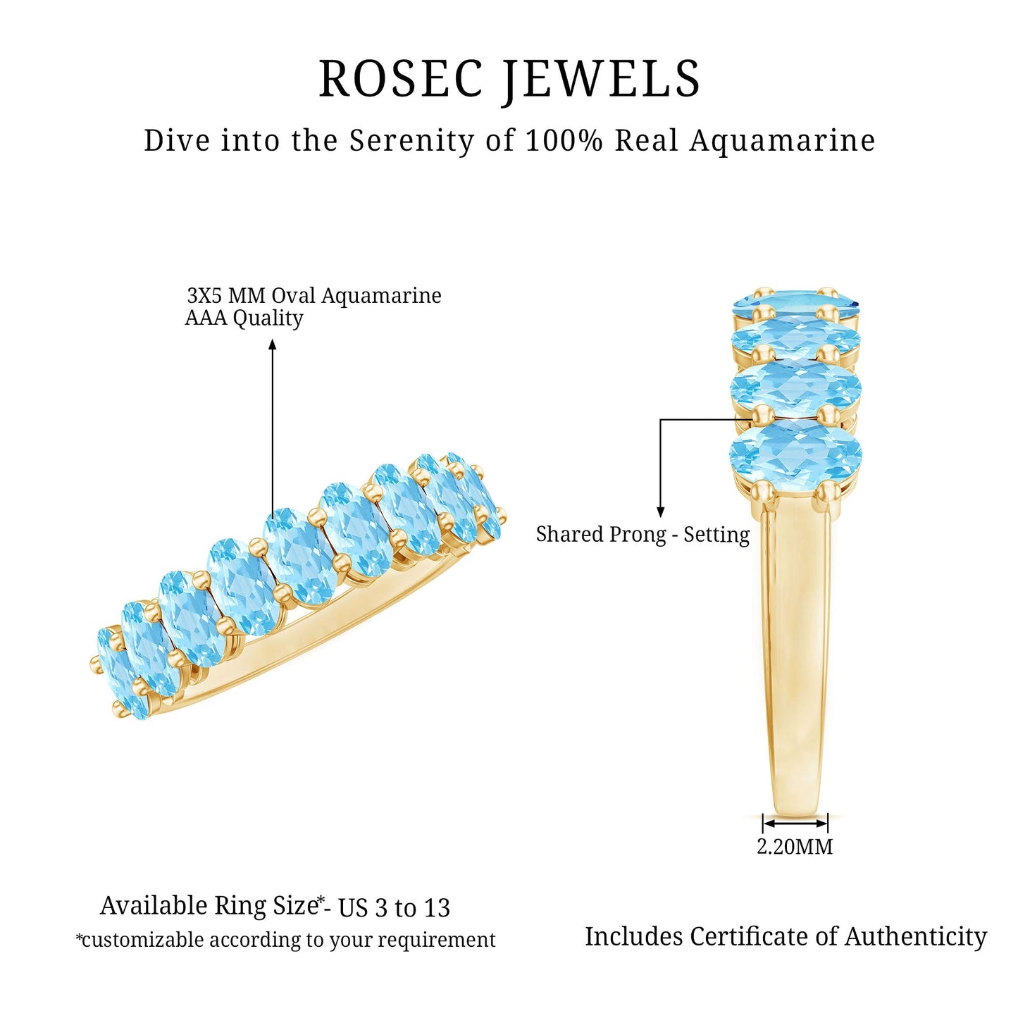 Genuine Oval Cut Aquamarine Half Eternity Ring for Women