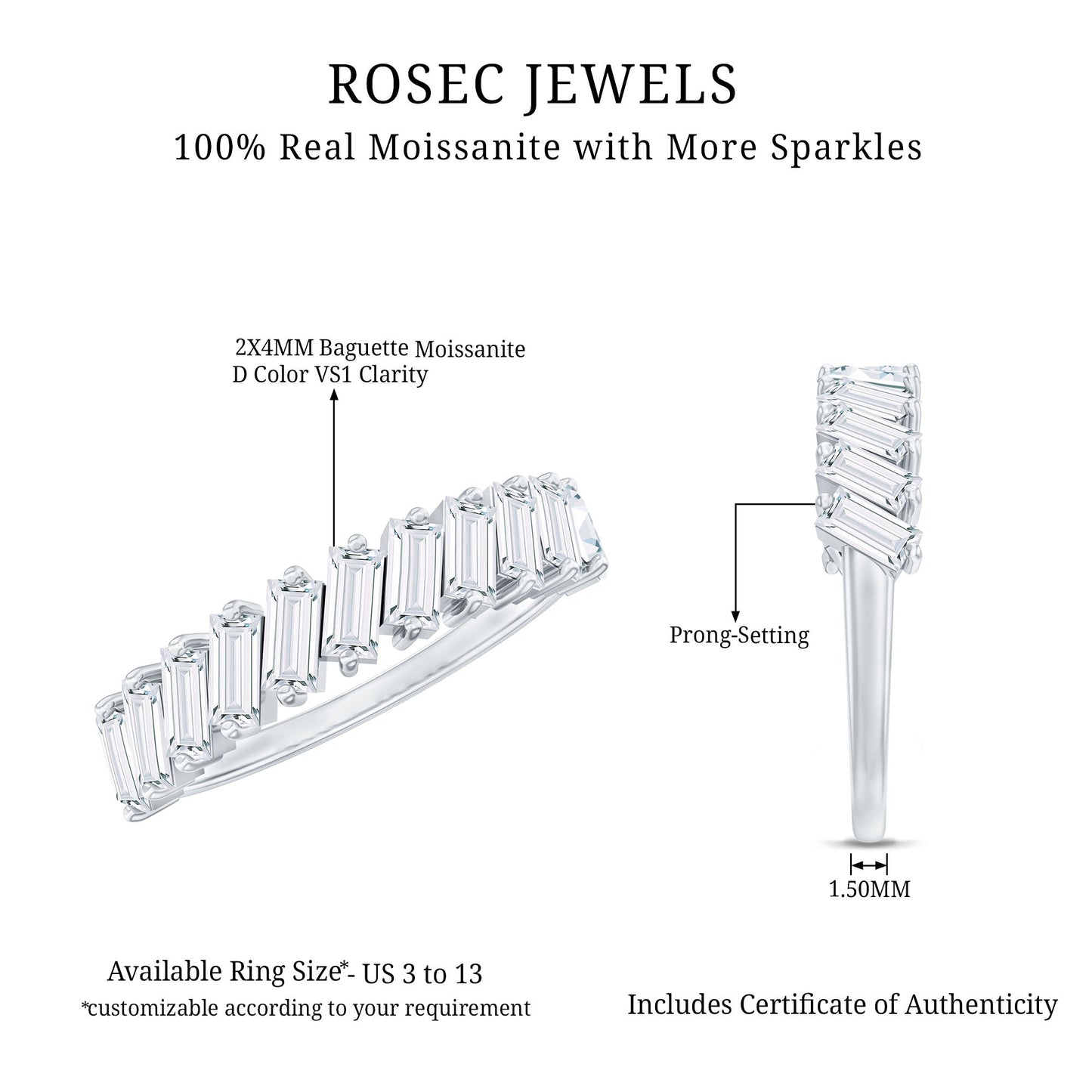 Certified Moissanite Baguette Cut Half Eternity Ring