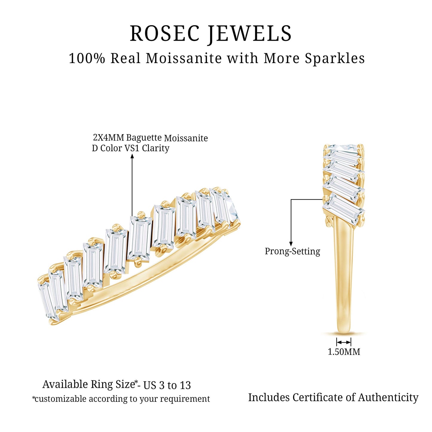 Certified Moissanite Baguette Cut Half Eternity Ring