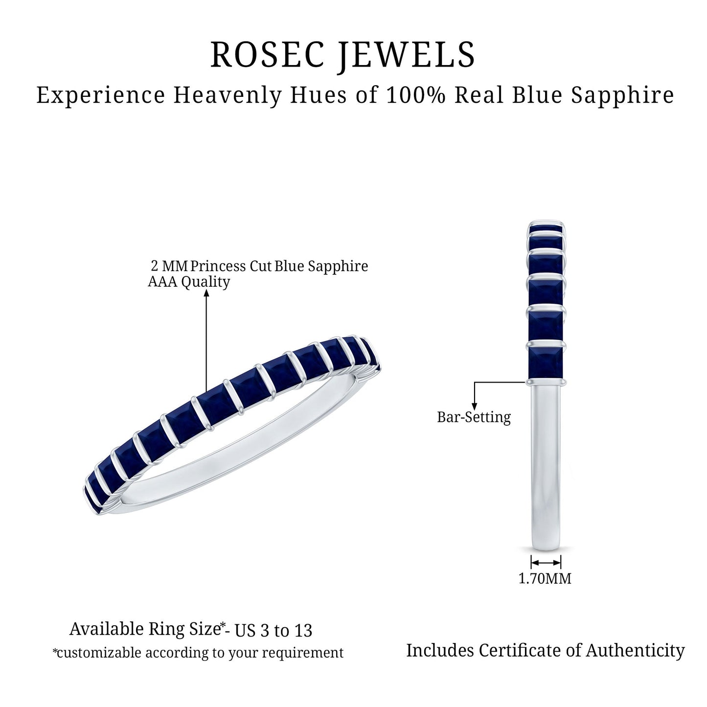 Princess Cut Blue Sapphire Eternity Ring For Women