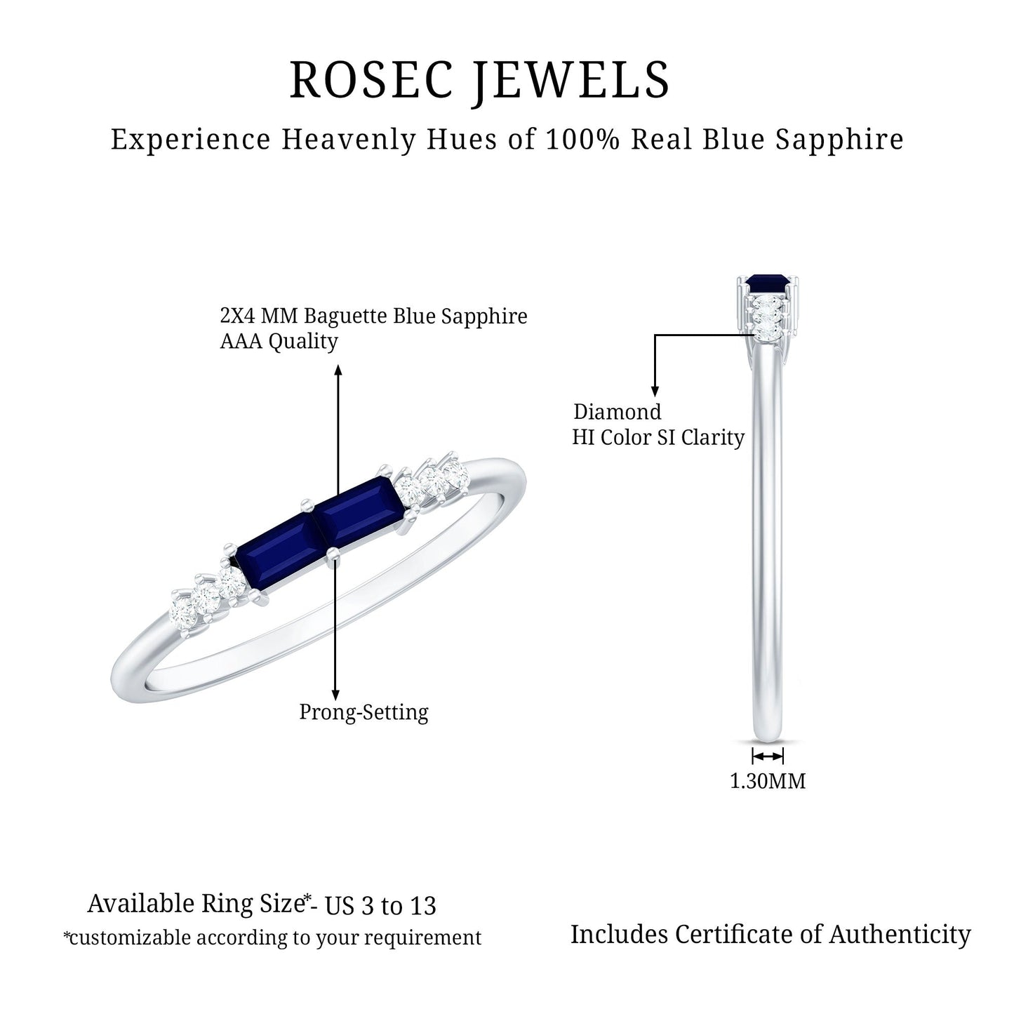0.25 CT Baguette Shape Blue Sapphire Stackable Ring with Diamond