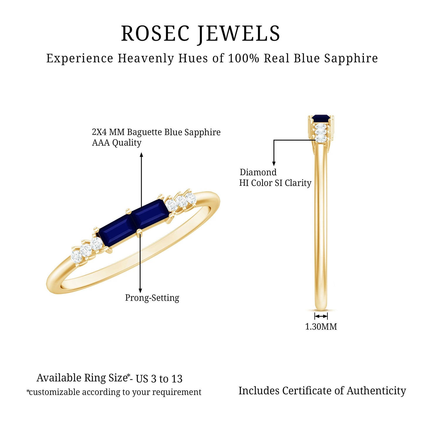 0.25 CT Baguette Shape Blue Sapphire Stackable Ring with Diamond