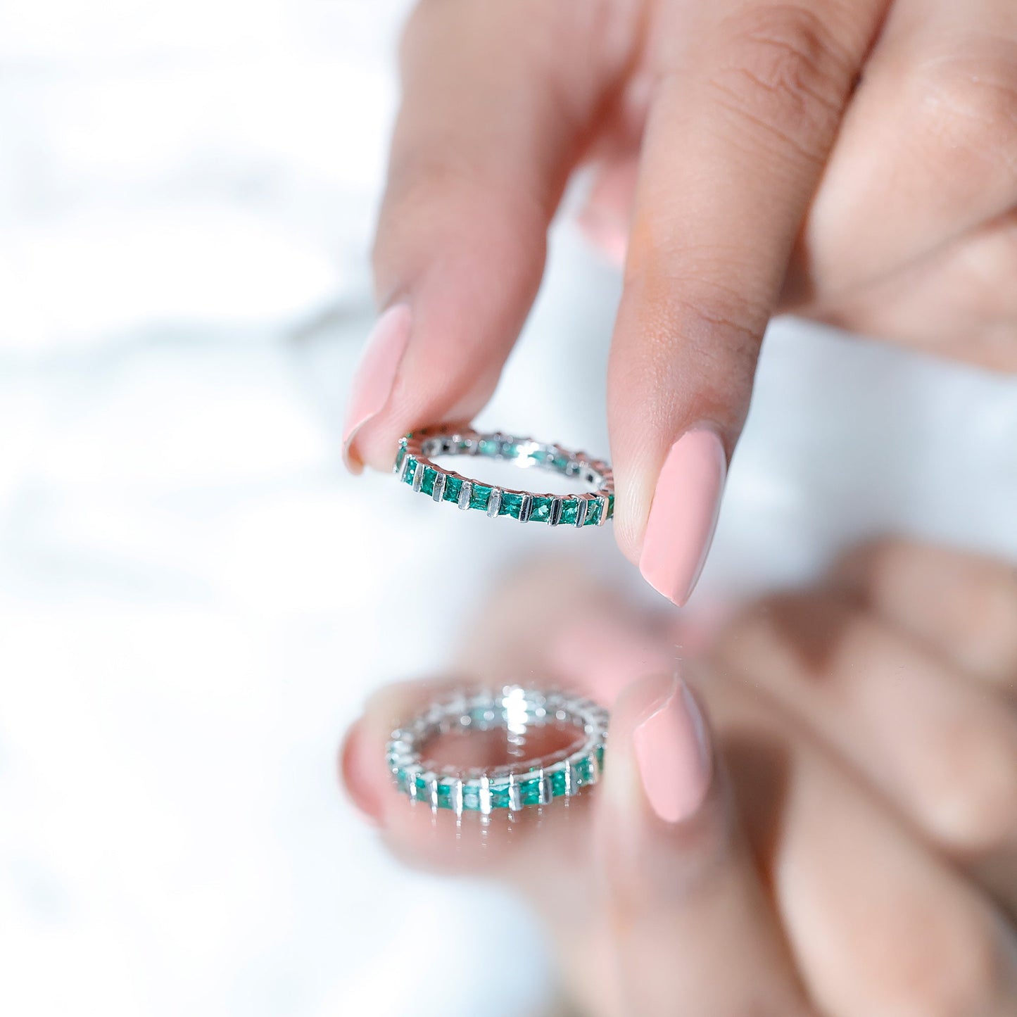Simple Lab Created Emerald Eternity Wedding Band Ring