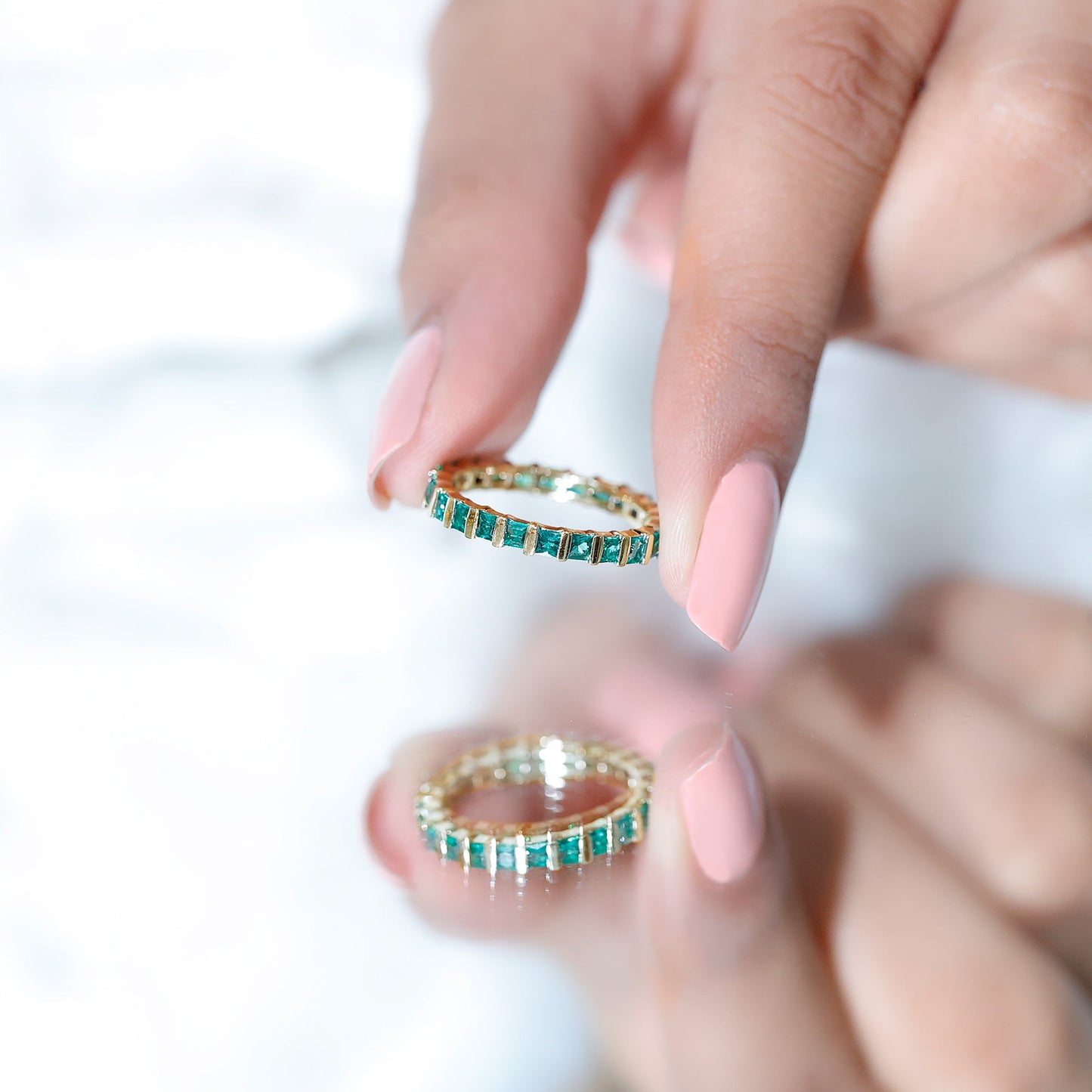 Simple Lab Created Emerald Eternity Wedding Band Ring