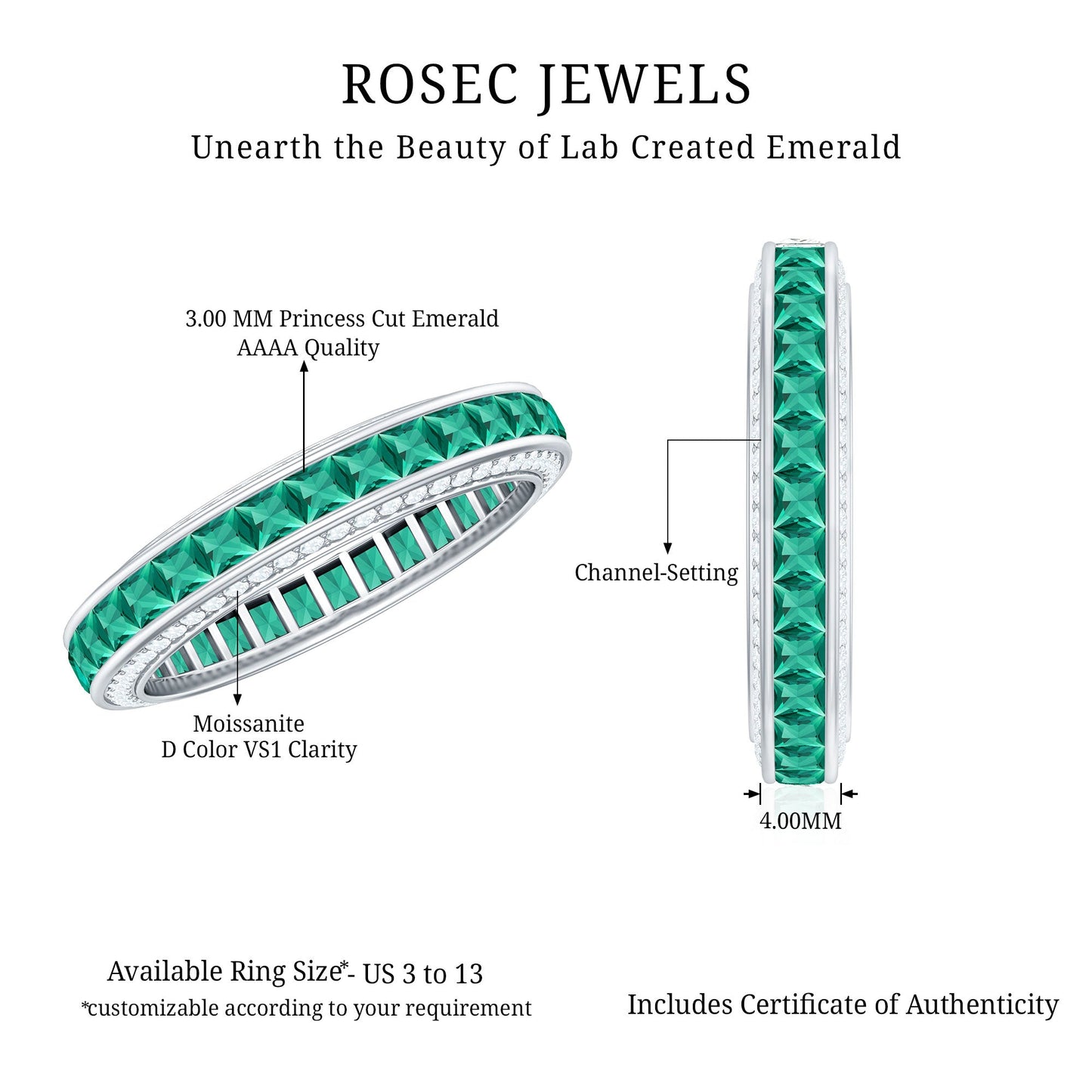 Certified Princess Cut Lab Grown Emerald Eternity Wedding Band in Channel Setting