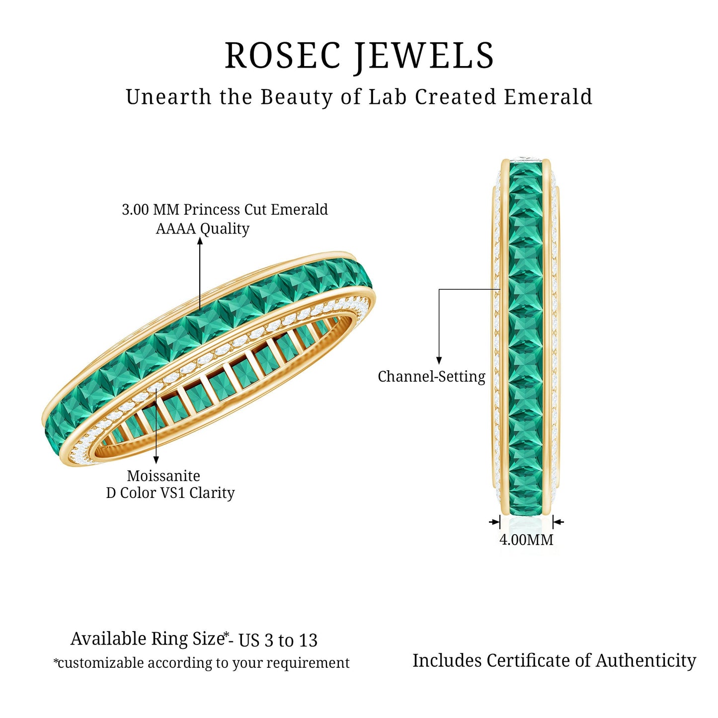 Certified Princess Cut Lab Grown Emerald Eternity Wedding Band in Channel Setting