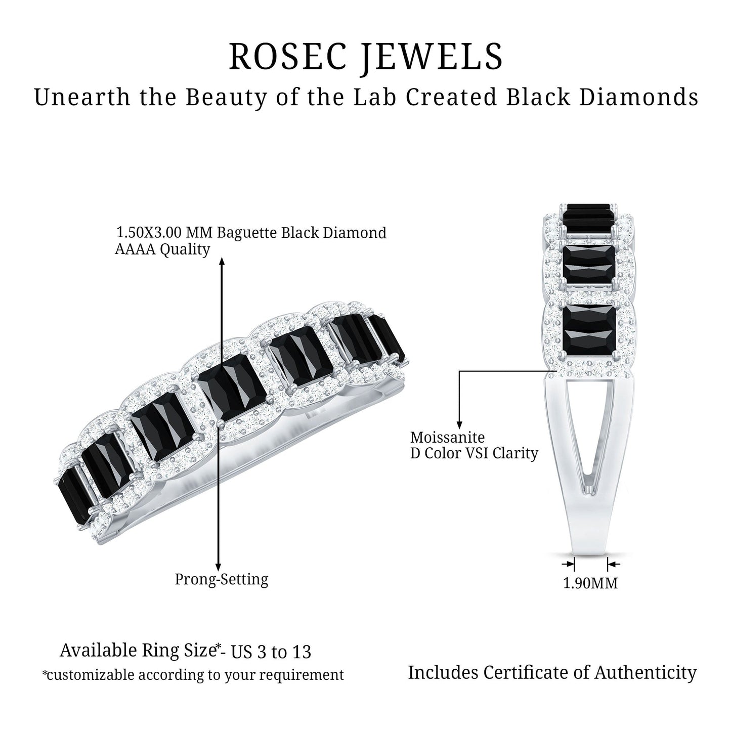 Created Black Diamond and Moissanite Half Eternity Band Ring