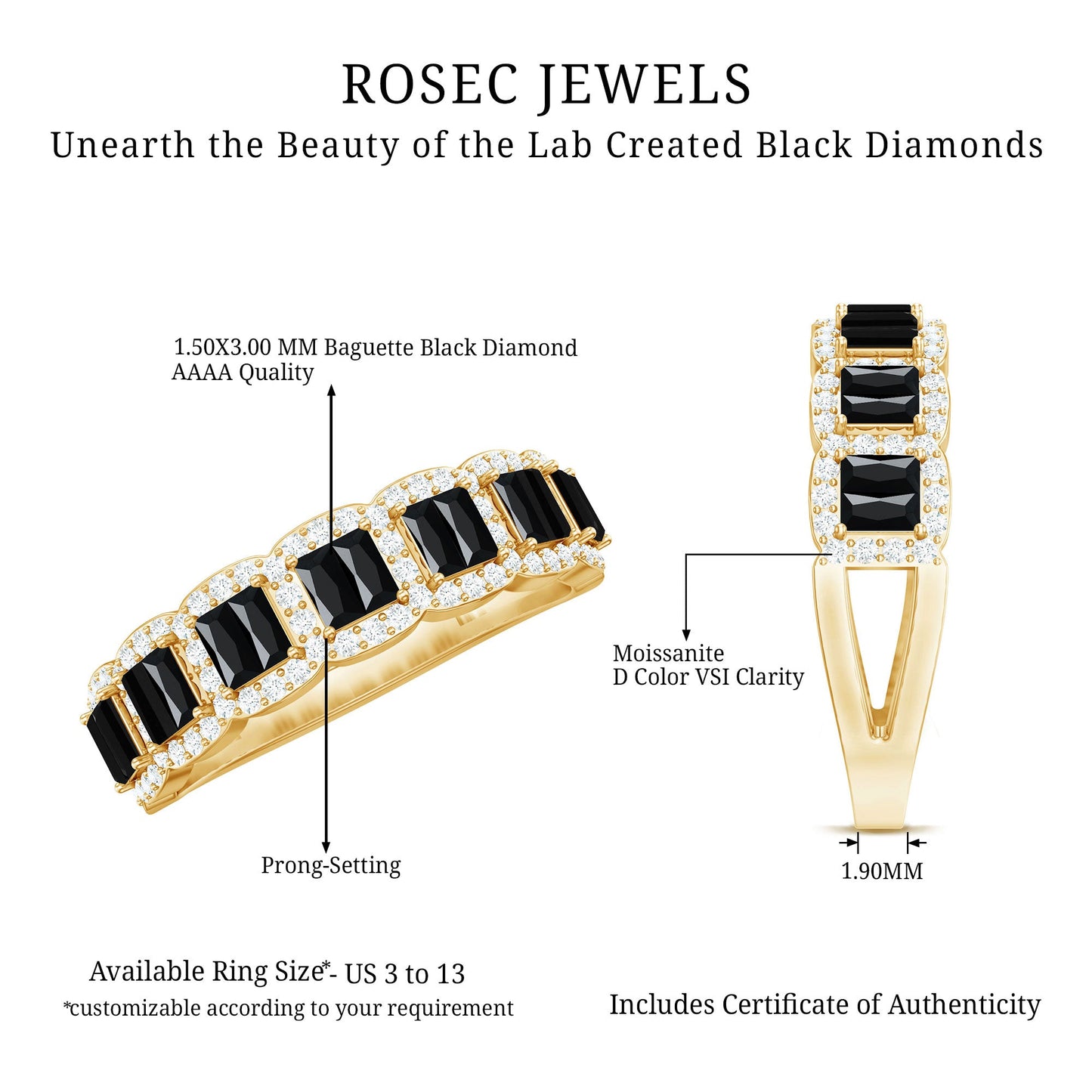 Created Black Diamond and Moissanite Half Eternity Band Ring
