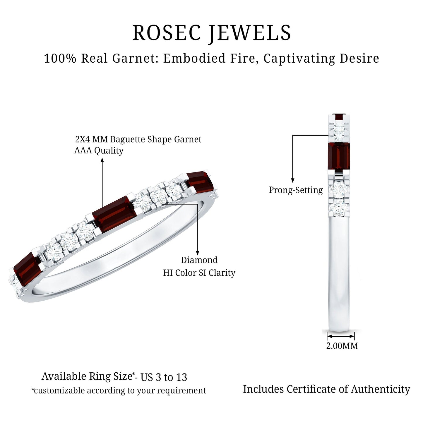 Natural Baguette Garnet Diamond Half Eternity Ring in East West Style