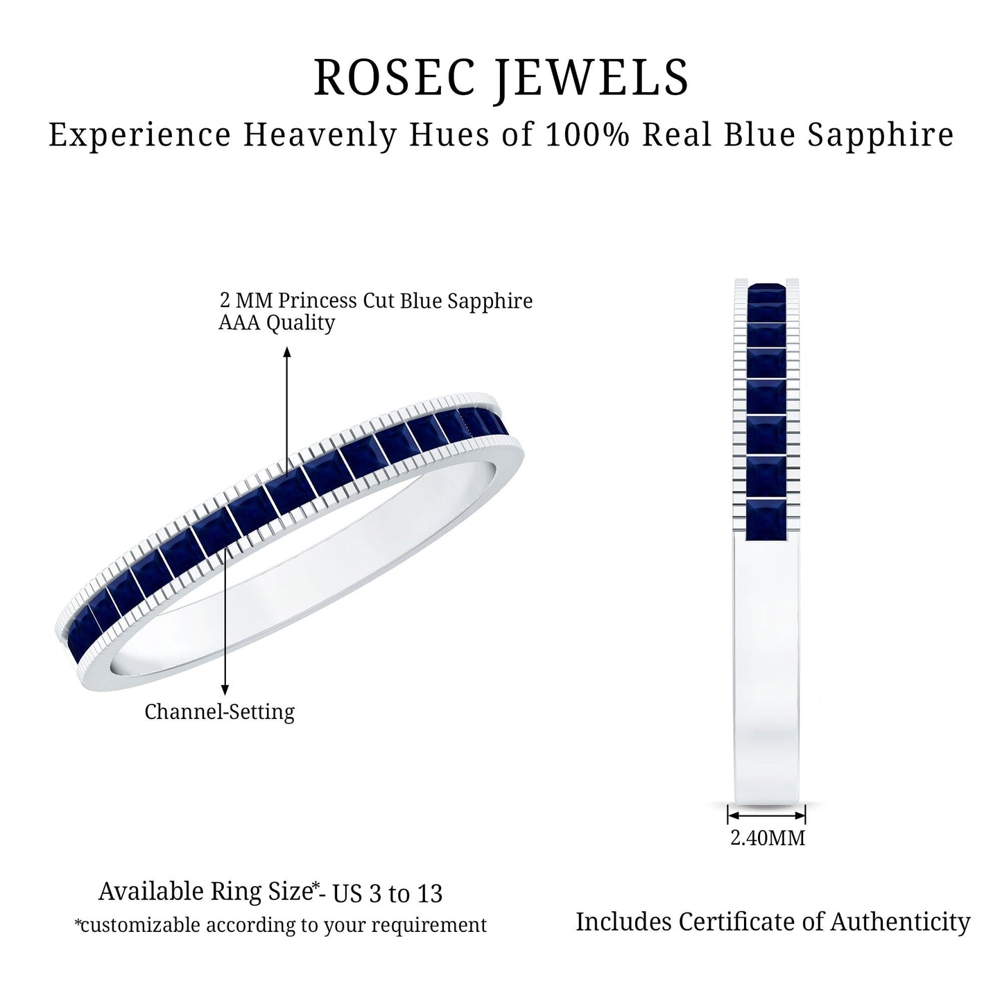 3/4 CT Blue Sapphire Half Eternity Band Ring in Channel Setting